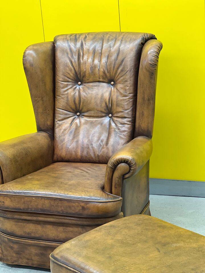 Vintage Chesterfield style wing chair With Ottoman