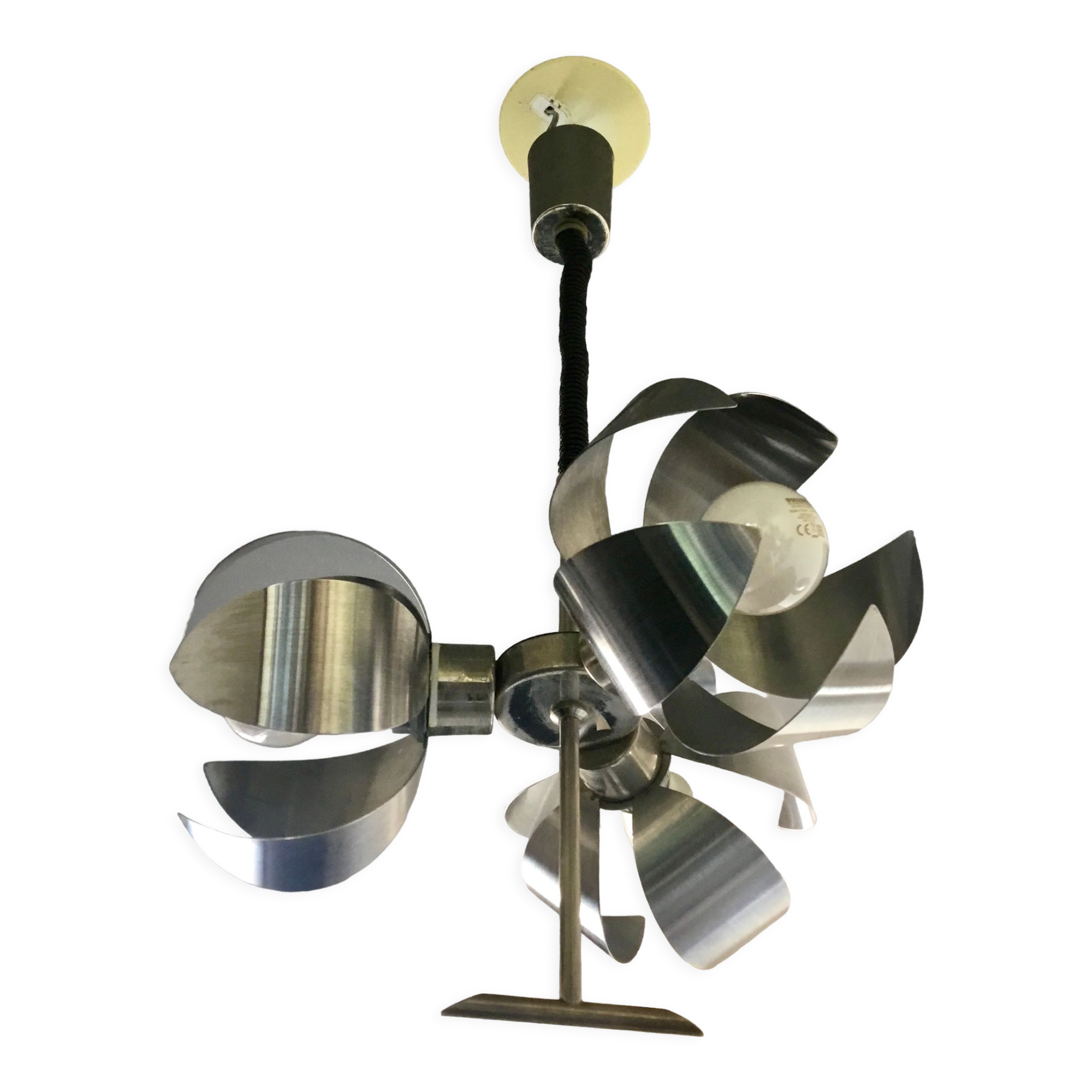 Space-age pendant lamp with 3 stainless steel lights and brushed aluminum adjustable in height - design 1970