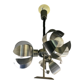 Space-age pendant lamp with 3 stainless steel lights and brushed aluminum adjustable in height - design 1970