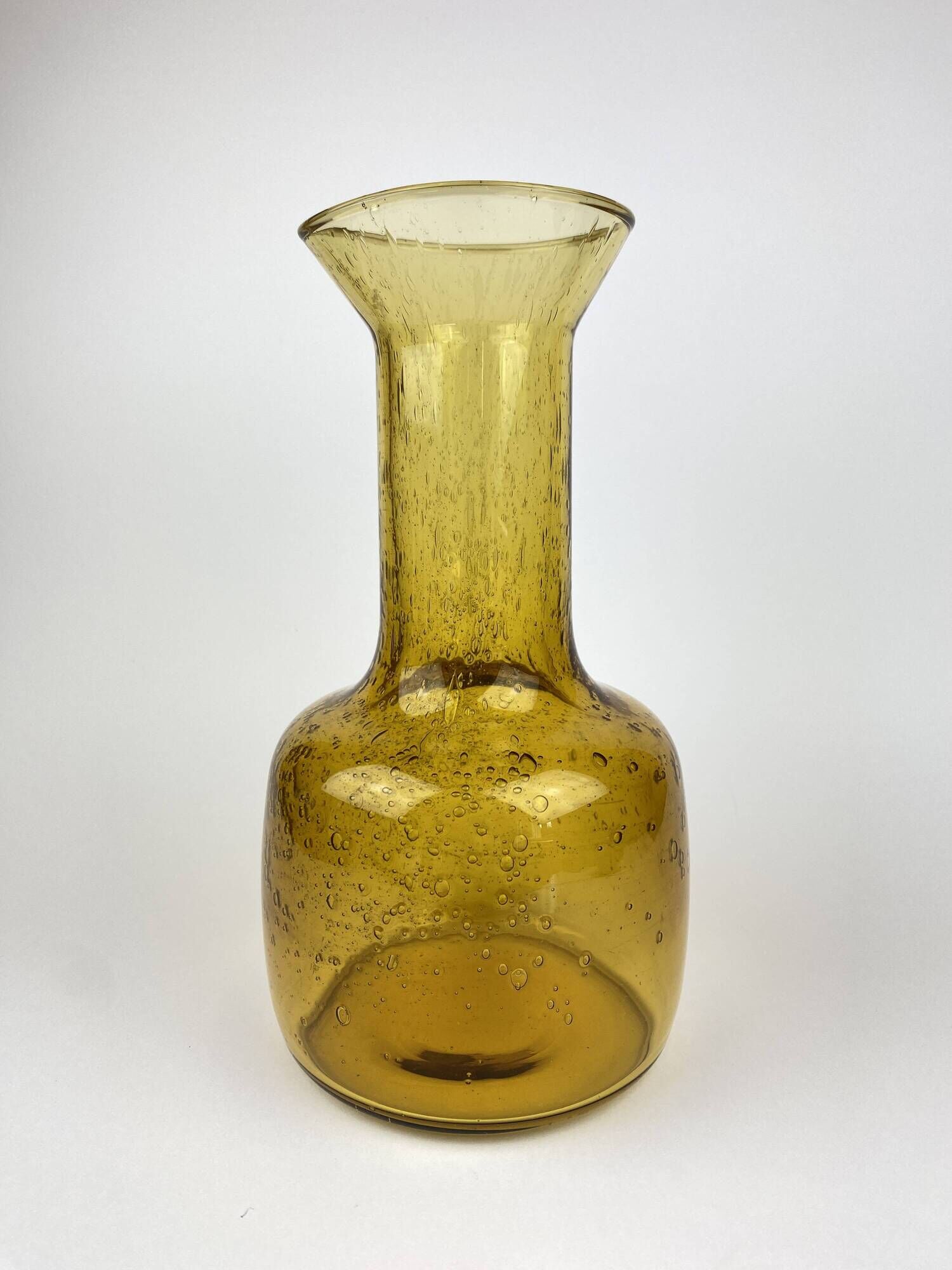 Ancien Vase Carafe Verre Soufflé Bullé Ambré Jaune