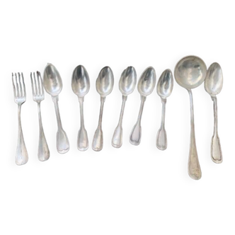 Set of 10 silver metal cutlery, hallmark 84, consisting of 6 tablespoons including one monogram