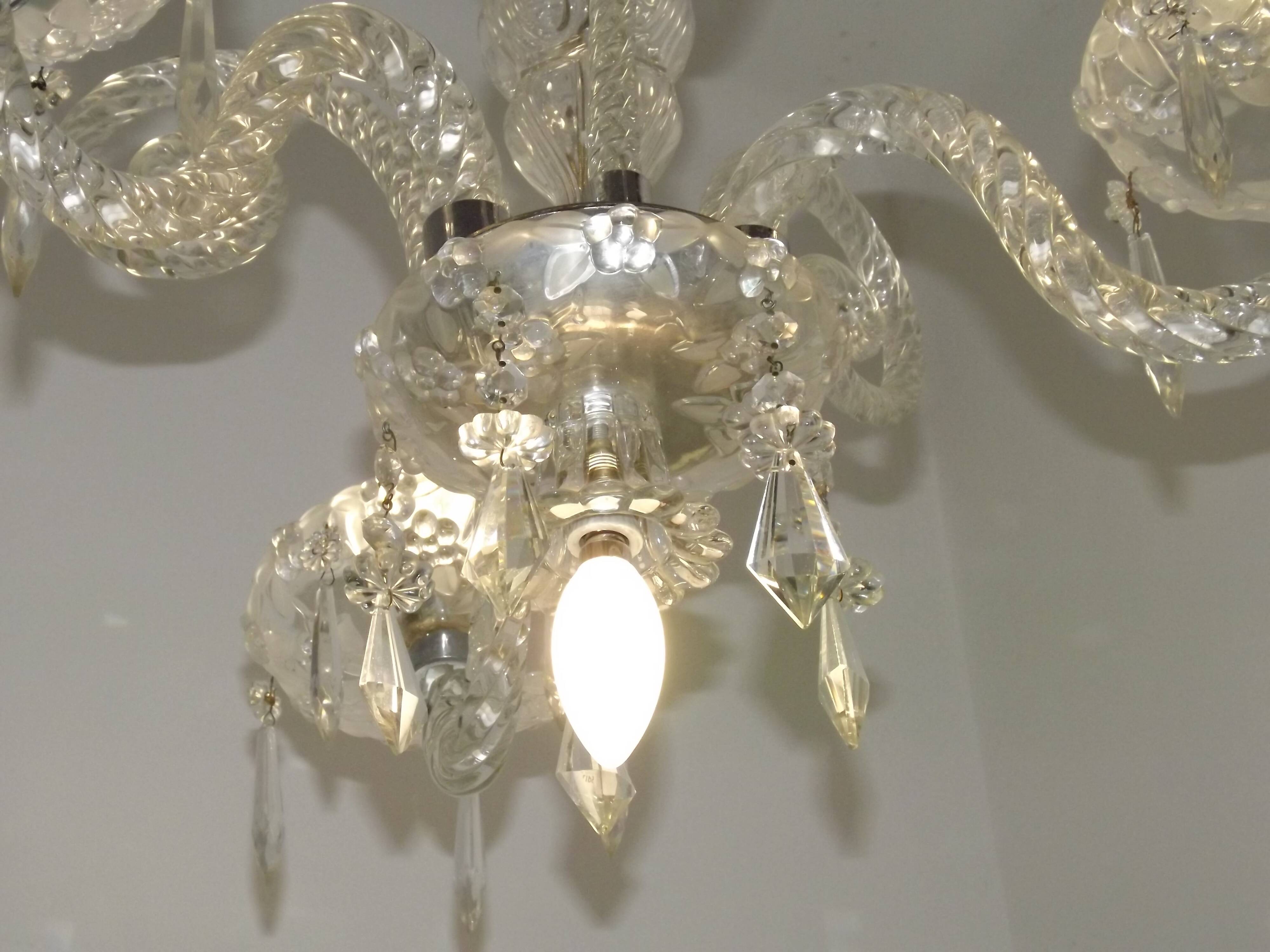 French antique glass and crystal barley twist three-armed four-light chandelier 5135