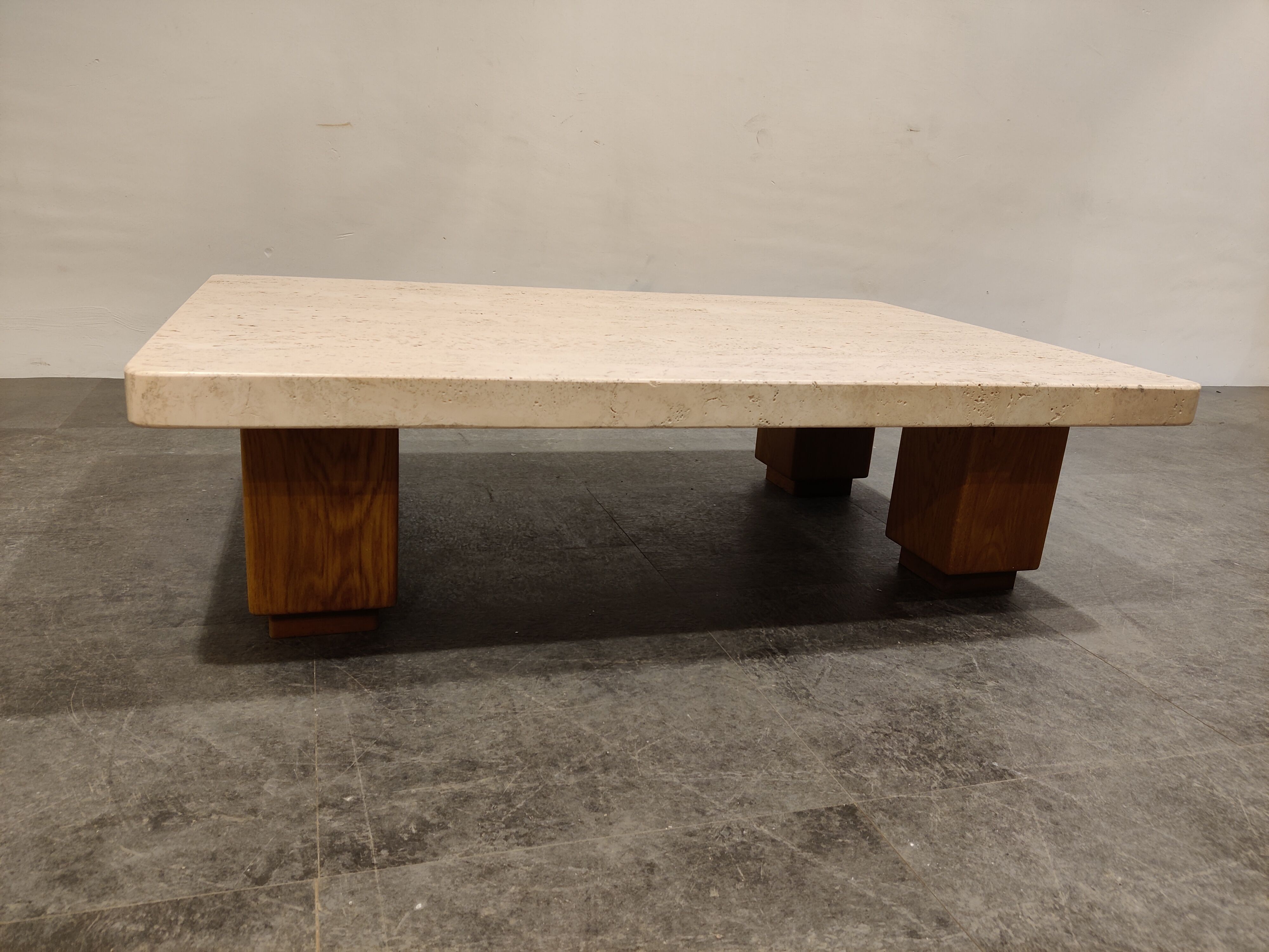 Vintage travertine and wooden coffee table, 1970s