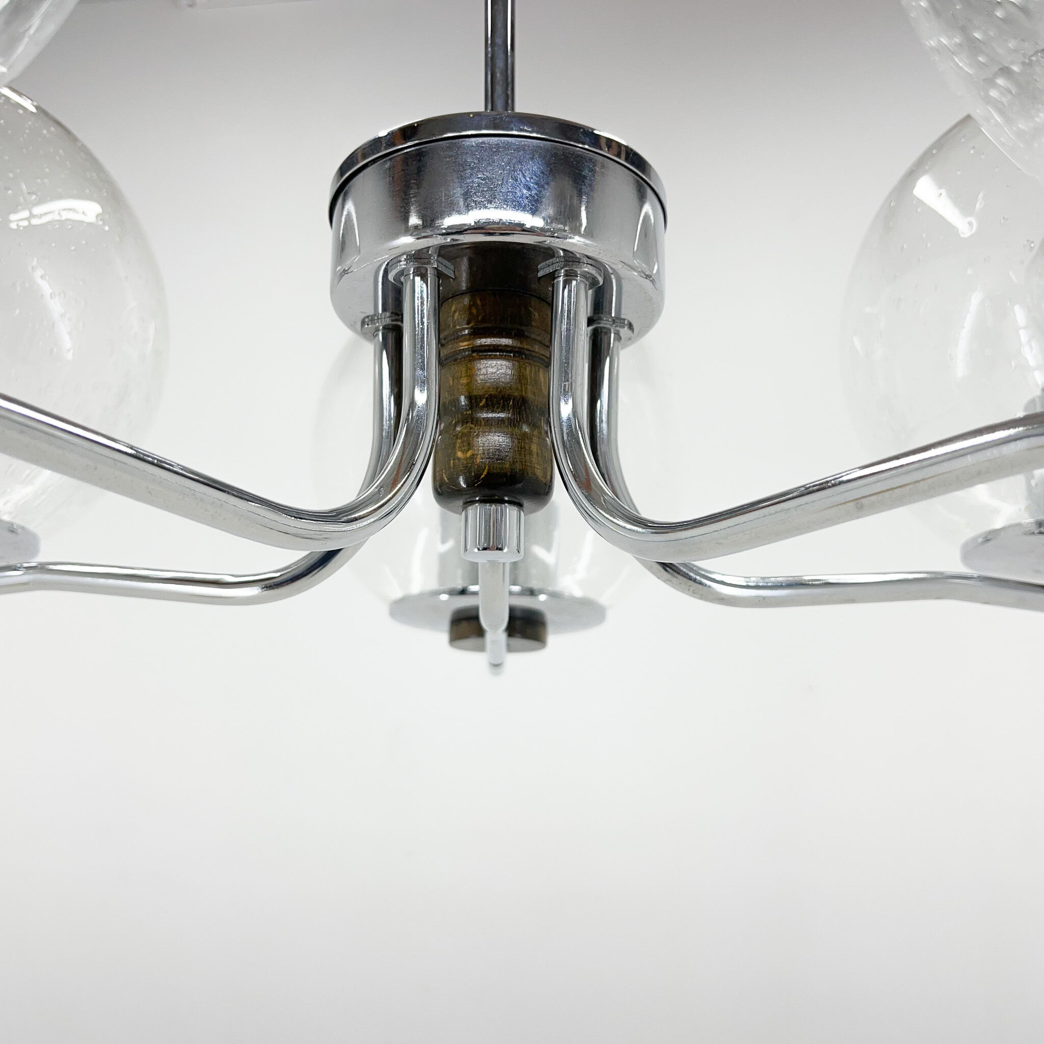 1970's Chrome & Clear Bubble Glass Five-Arm Chandelier