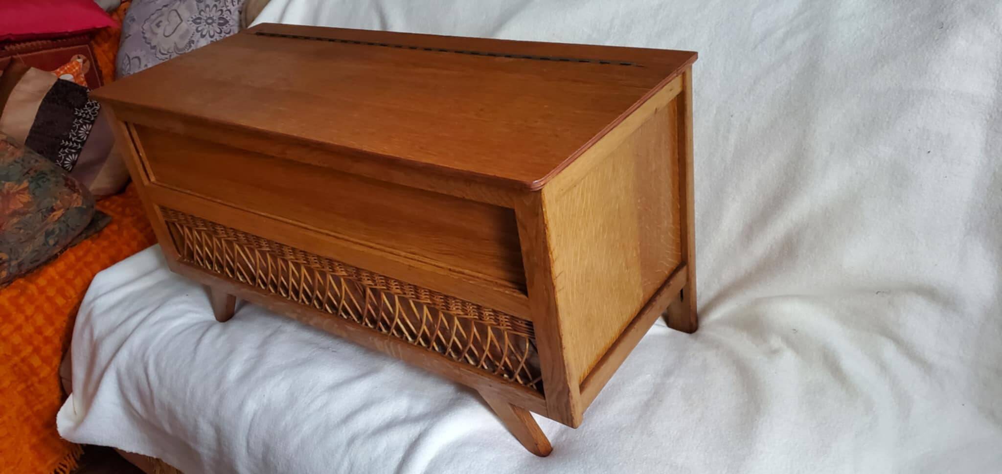Vintage 1970s wooden and rattan toy chest