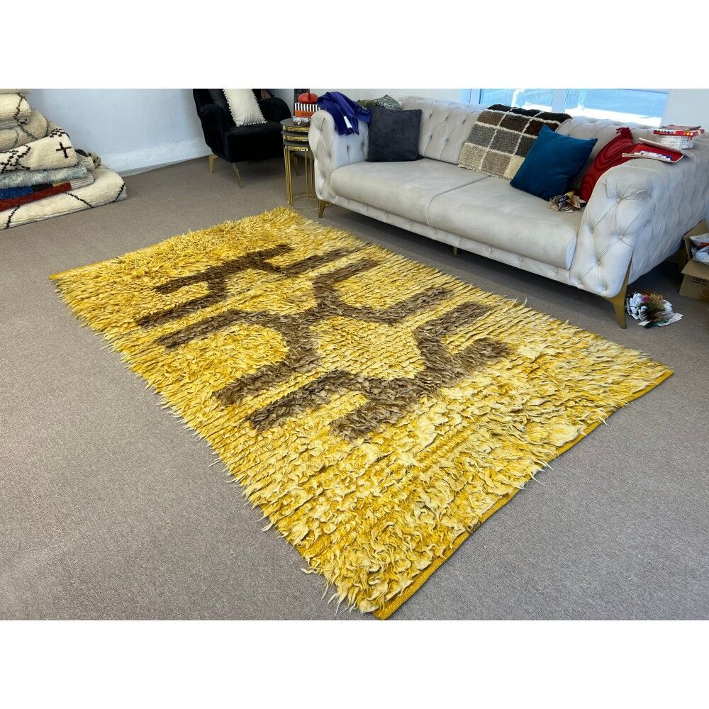 Vintage Hand-Knotted Shag Pile Rug with Brown Geometric Design on a Yellow Field, 100% Mohair Wool