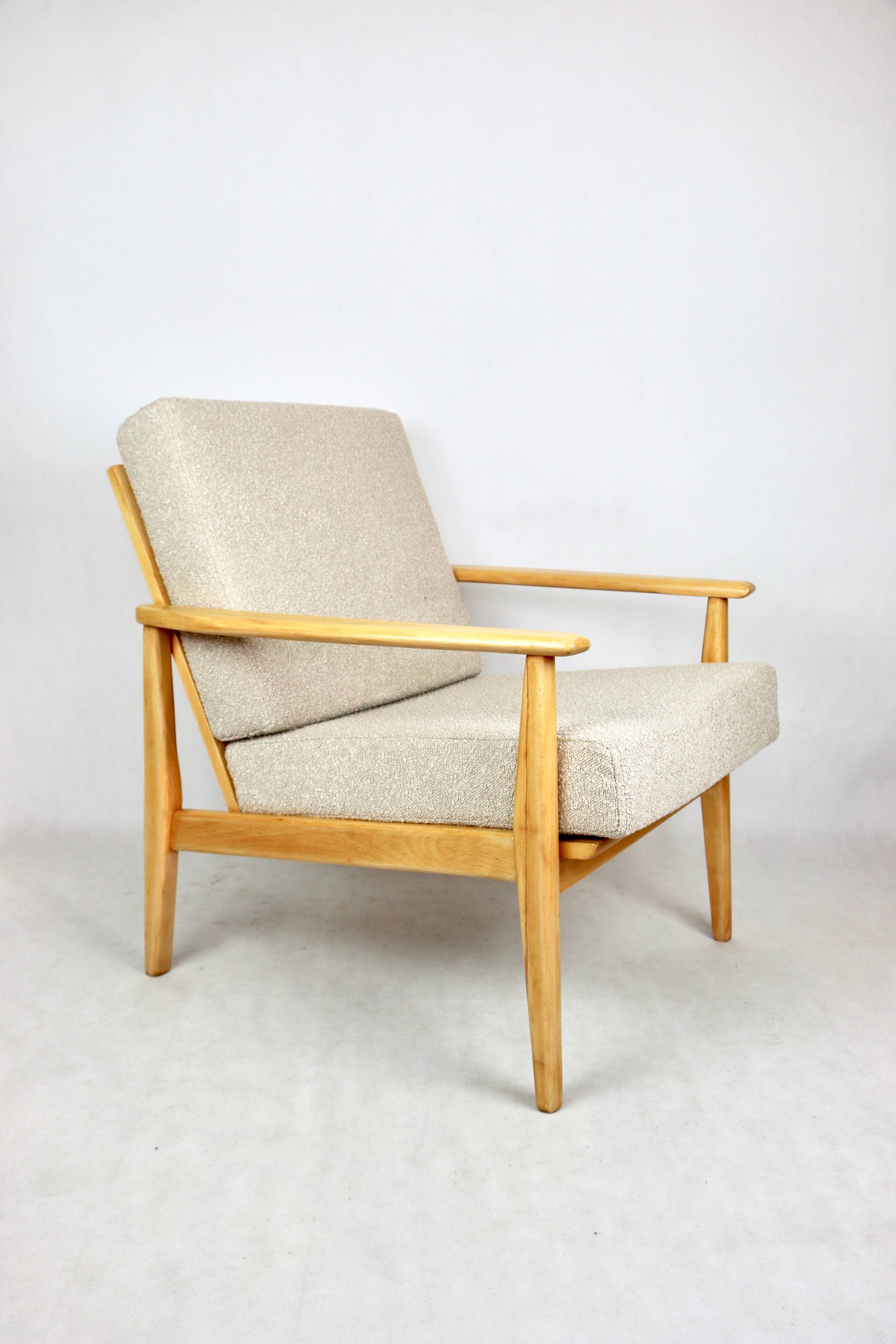 Vintage Danish armchair, 1970s, beige boucle - light wood - 2 pieces available