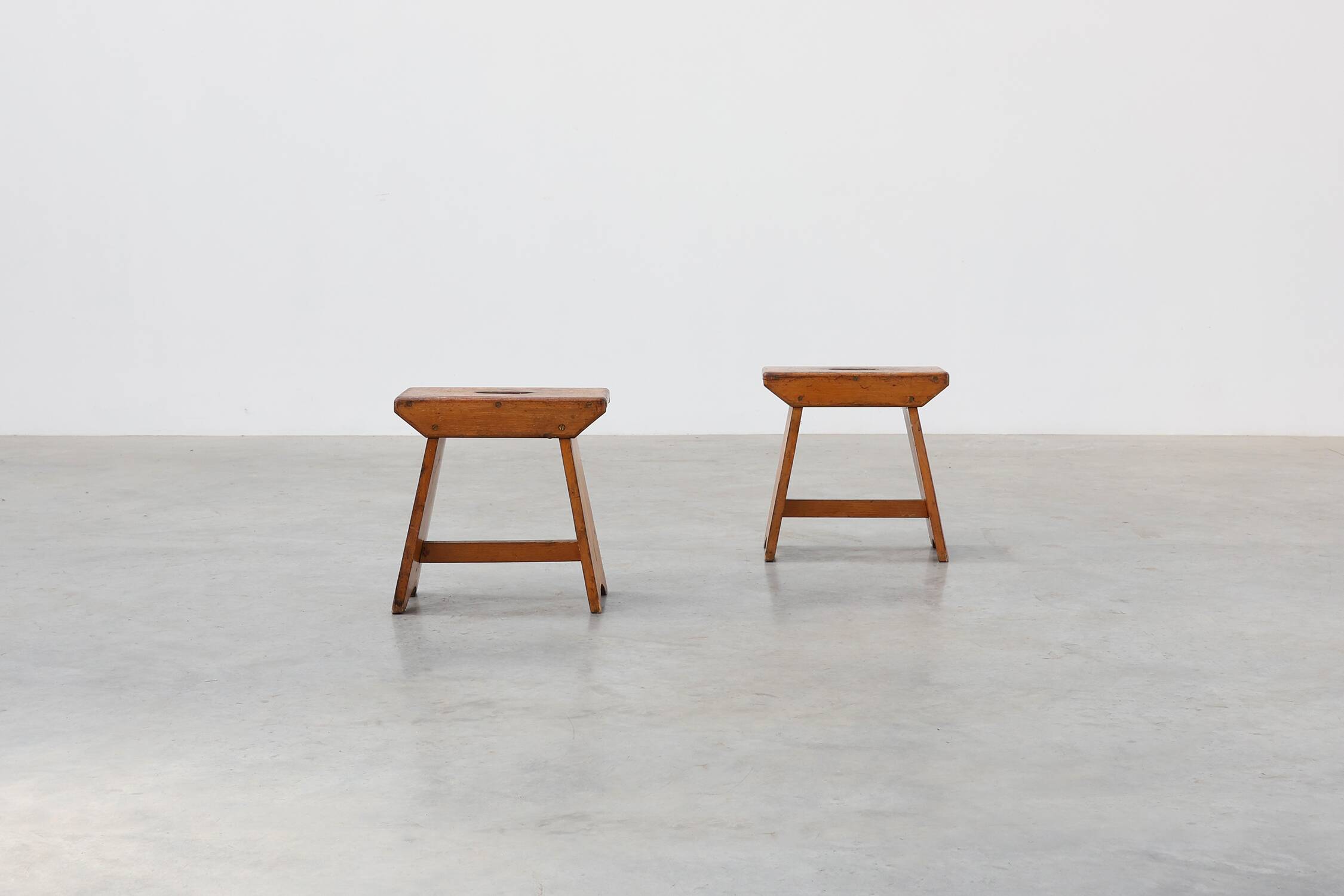 Rustic Pine Stool with Cut-Out Trestle Legs, Sweden, circa 1920