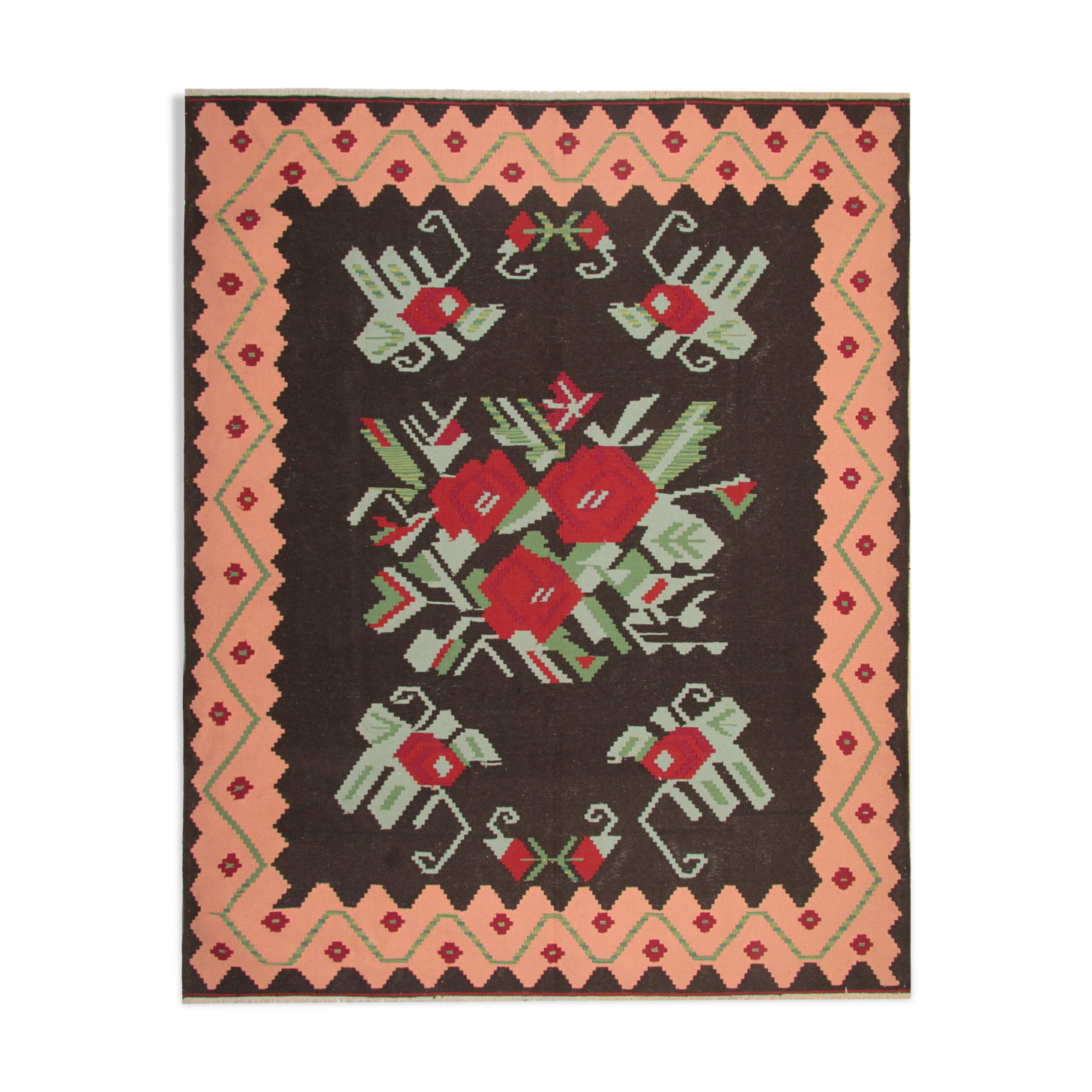 Handwoven antique romanian kilim, floral oriental wool flat-woven carpet- 242x306cm