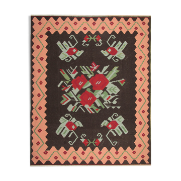Handwoven antique romanian kilim, floral oriental wool flat-woven carpet- 242x306cm