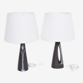 Pair of black danish midcentury ceramic table lamps by holm sorensen for søholm