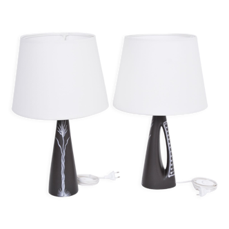 Pair of black danish midcentury ceramic table lamps by holm sorensen for søholm