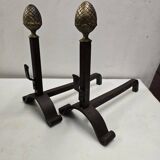 Old pair of wrought iron and bronze andirons