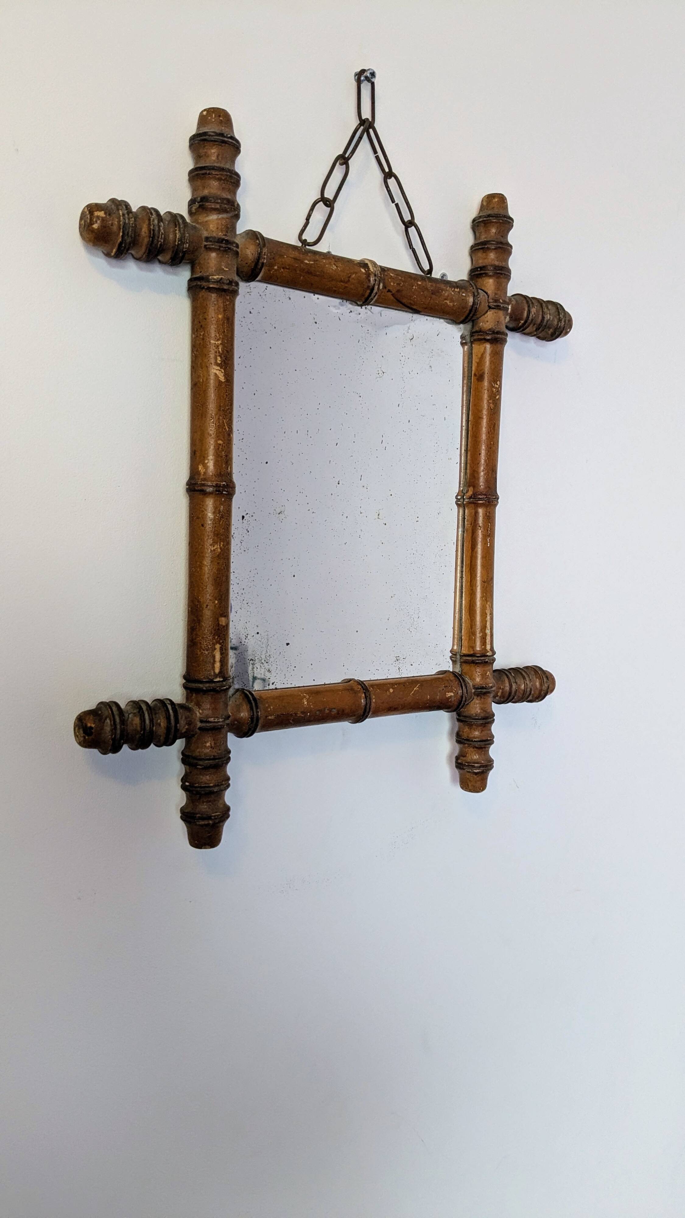 Antique turned bamboo mirror with pitted glass 45x39 cm