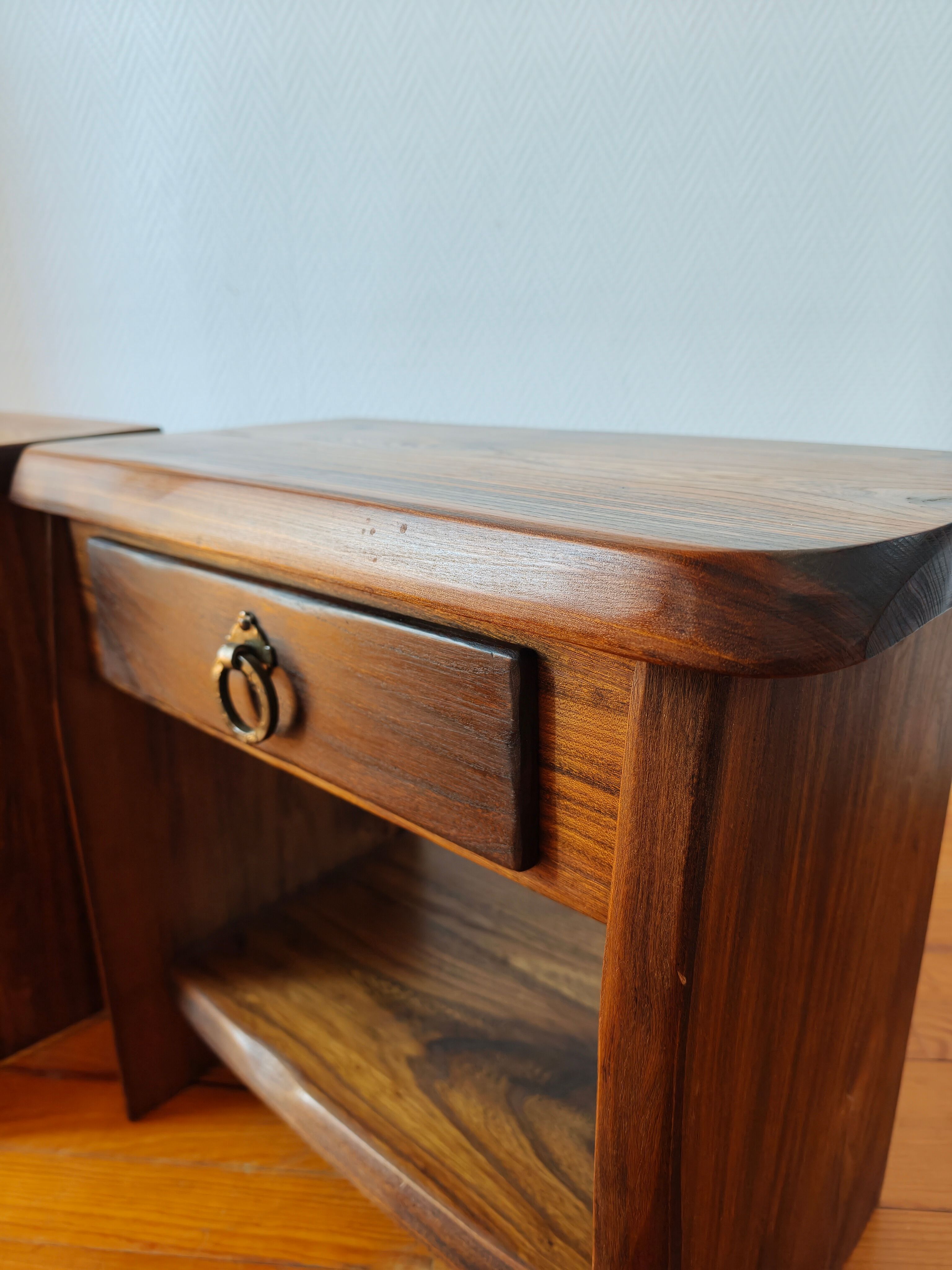 Pair of solid elm bedside tables, France 1970.