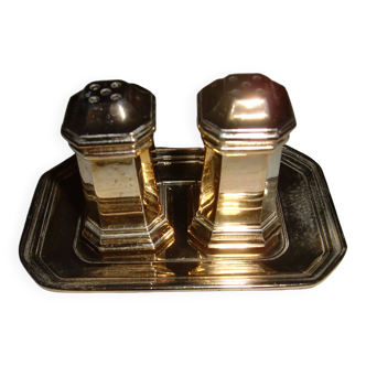 Silver-plated salt and pepper shakers presented on a small tray