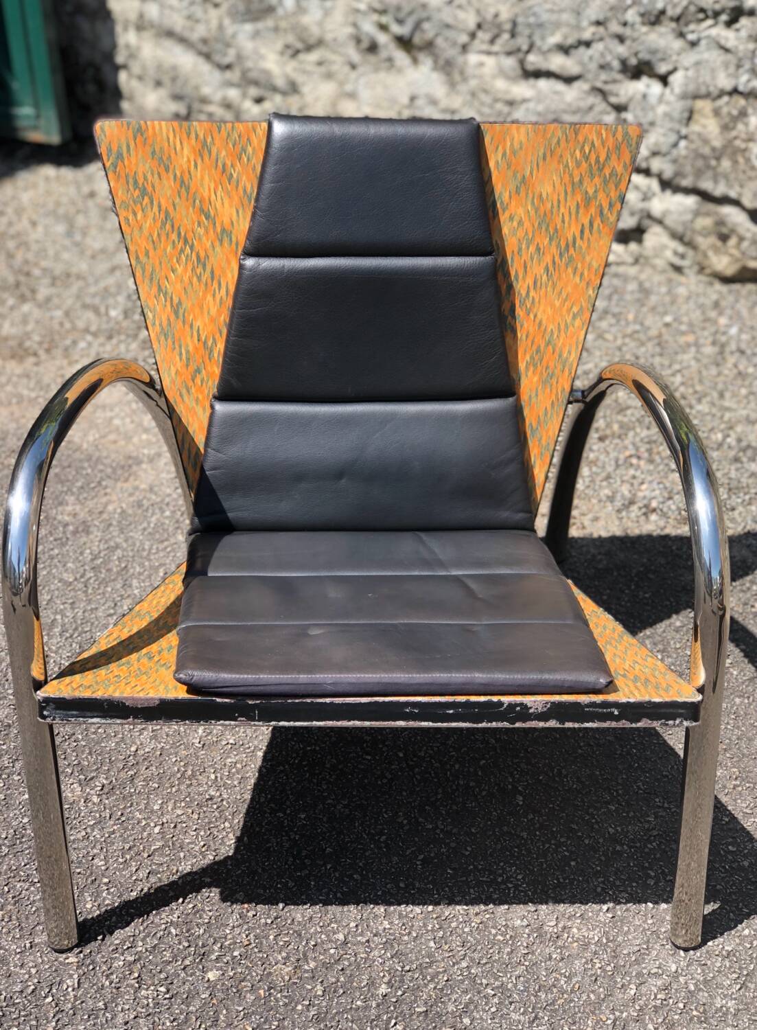 Pair of 2 atypical armchairs wood, chrome and leather vintage 1980