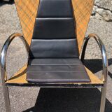 Pair of 2 atypical armchairs wood, chrome and leather vintage 1980