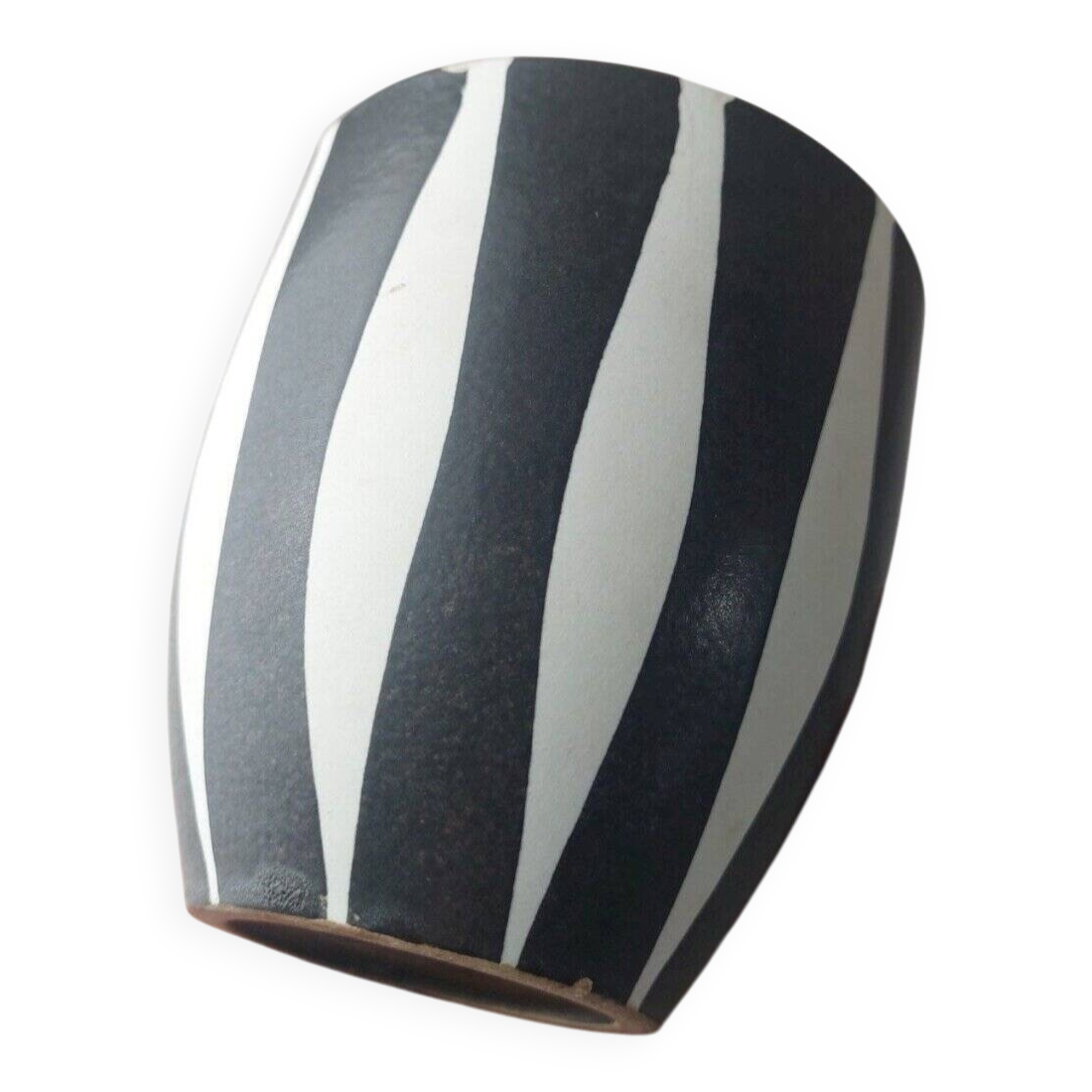 Old ceramic flowerpot, Vallauris style decor, black and white stripes, vintage