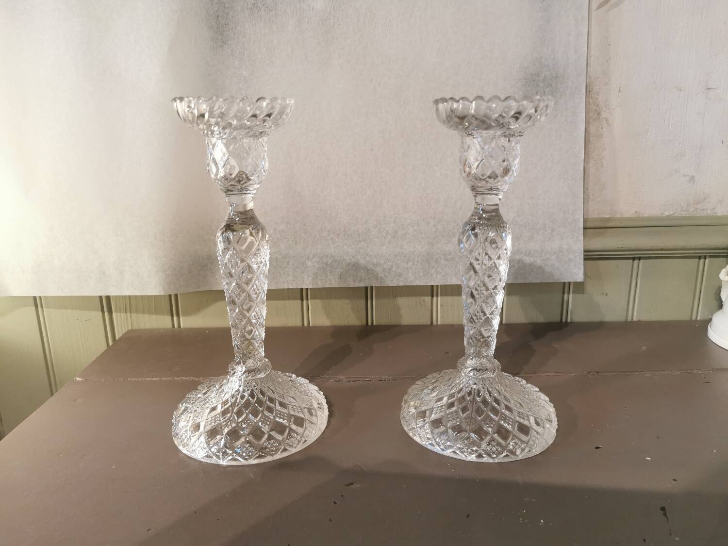 Pair of molded glass candlesticks