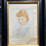 Tableau peinture aquarelle portrait de femme impressionniste ancien