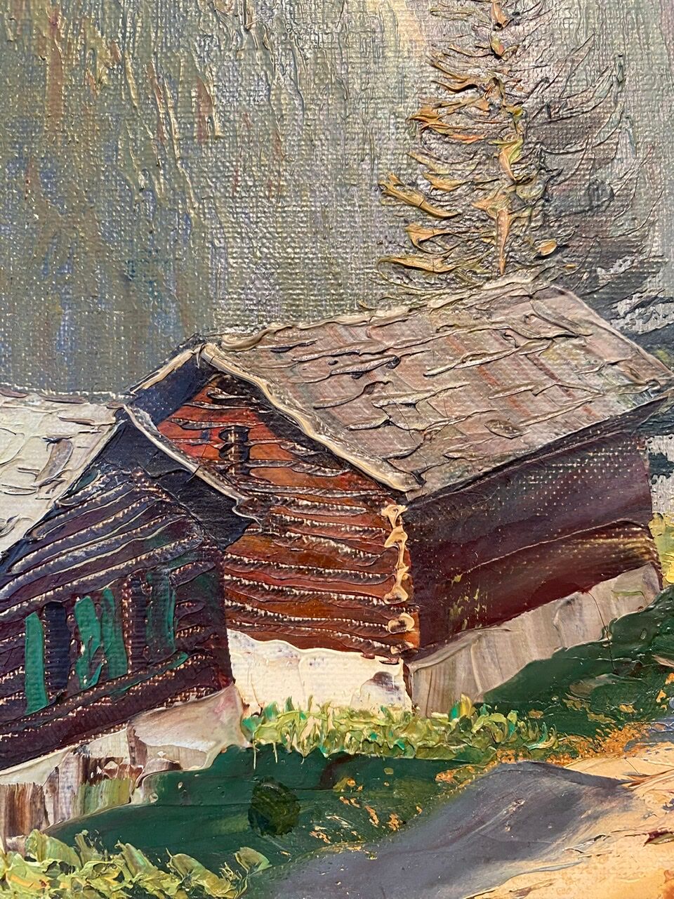Old painting, Swiss mountain landscape signed H Herzer, mid-XX century