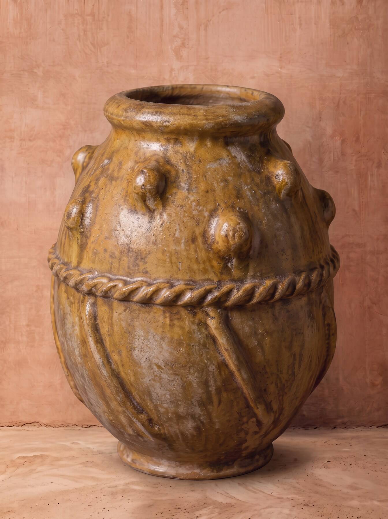 Glazed terracotta urn with protrusions and cordons.