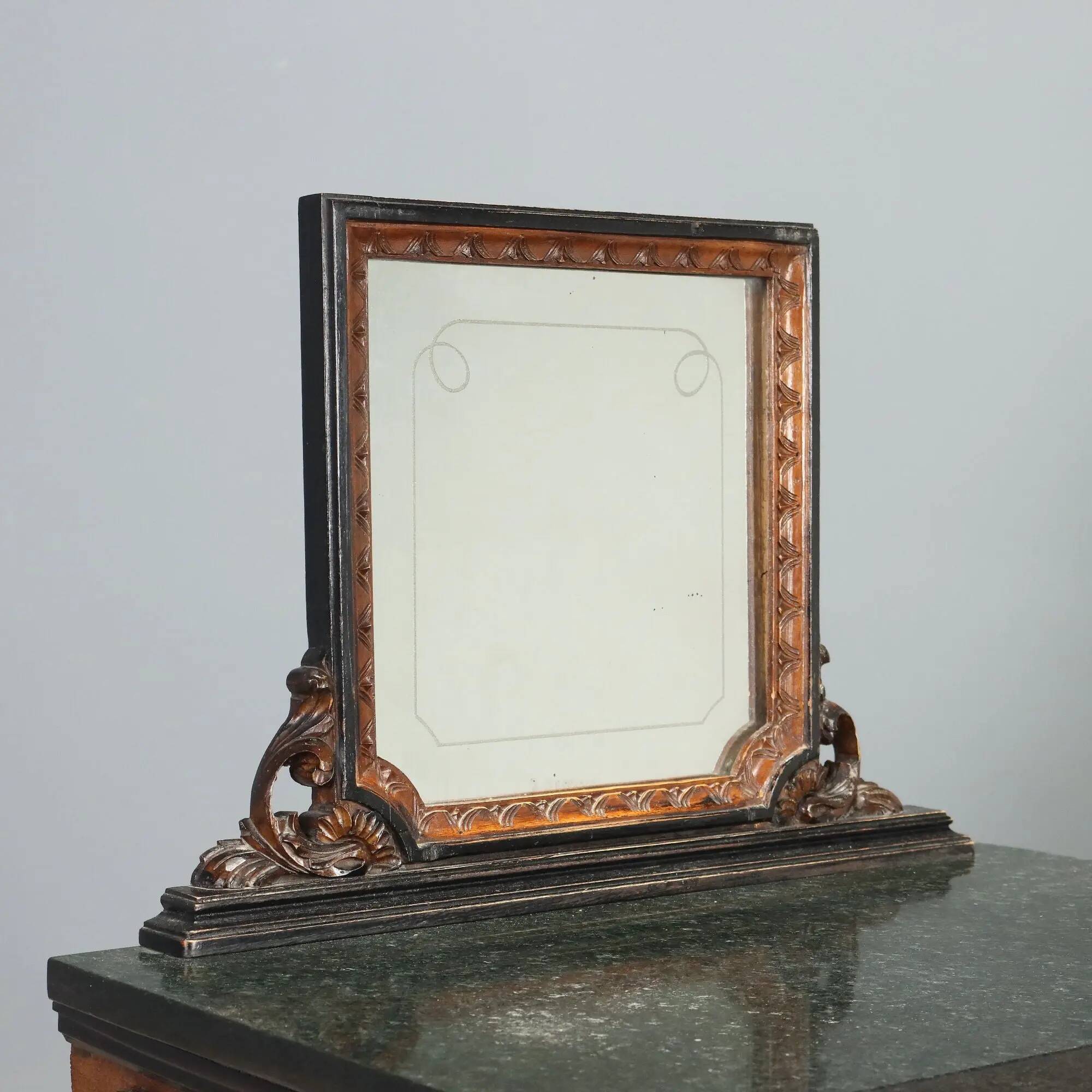 Antique walnut bedside tables with marble and burl, Italy, 20th century.