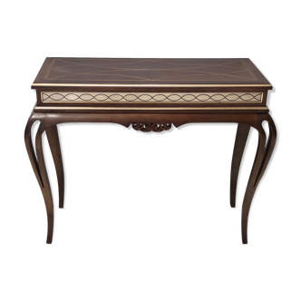 Rectangular solid walnut console table with engraved mirror motif, italy