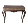 Rectangular solid walnut console table with engraved mirror motif, italy