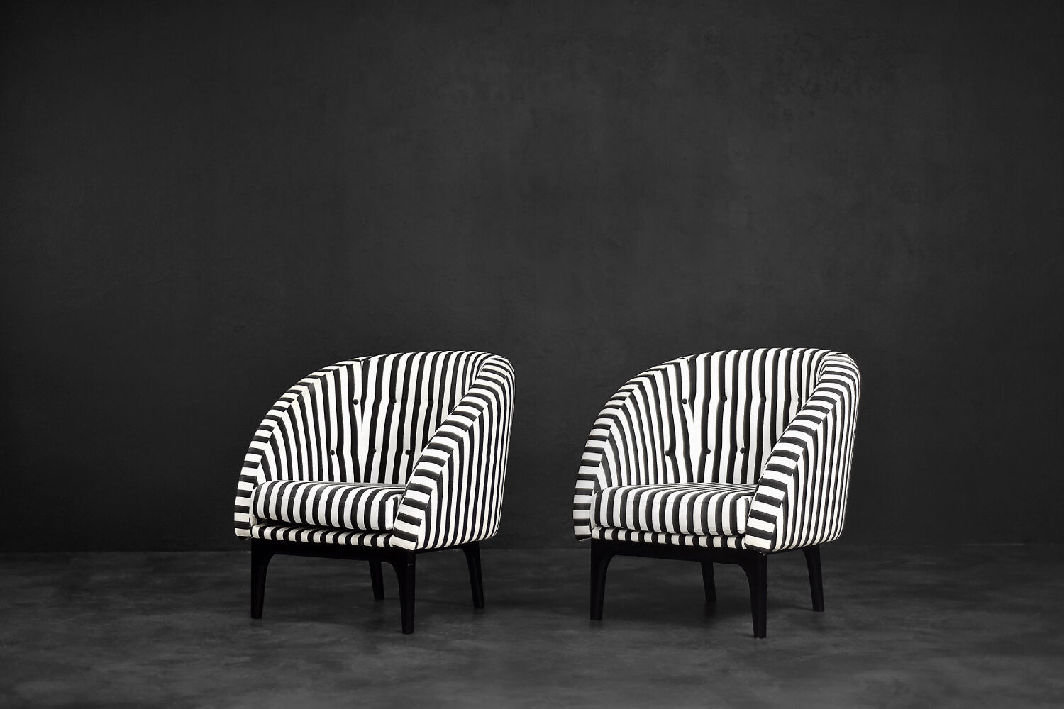 Mid-century modern Scandinavian rounded armchairs with black and white stripes, 1960s.