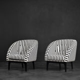 Mid-century modern Scandinavian rounded armchairs with black and white stripes, 1960s.