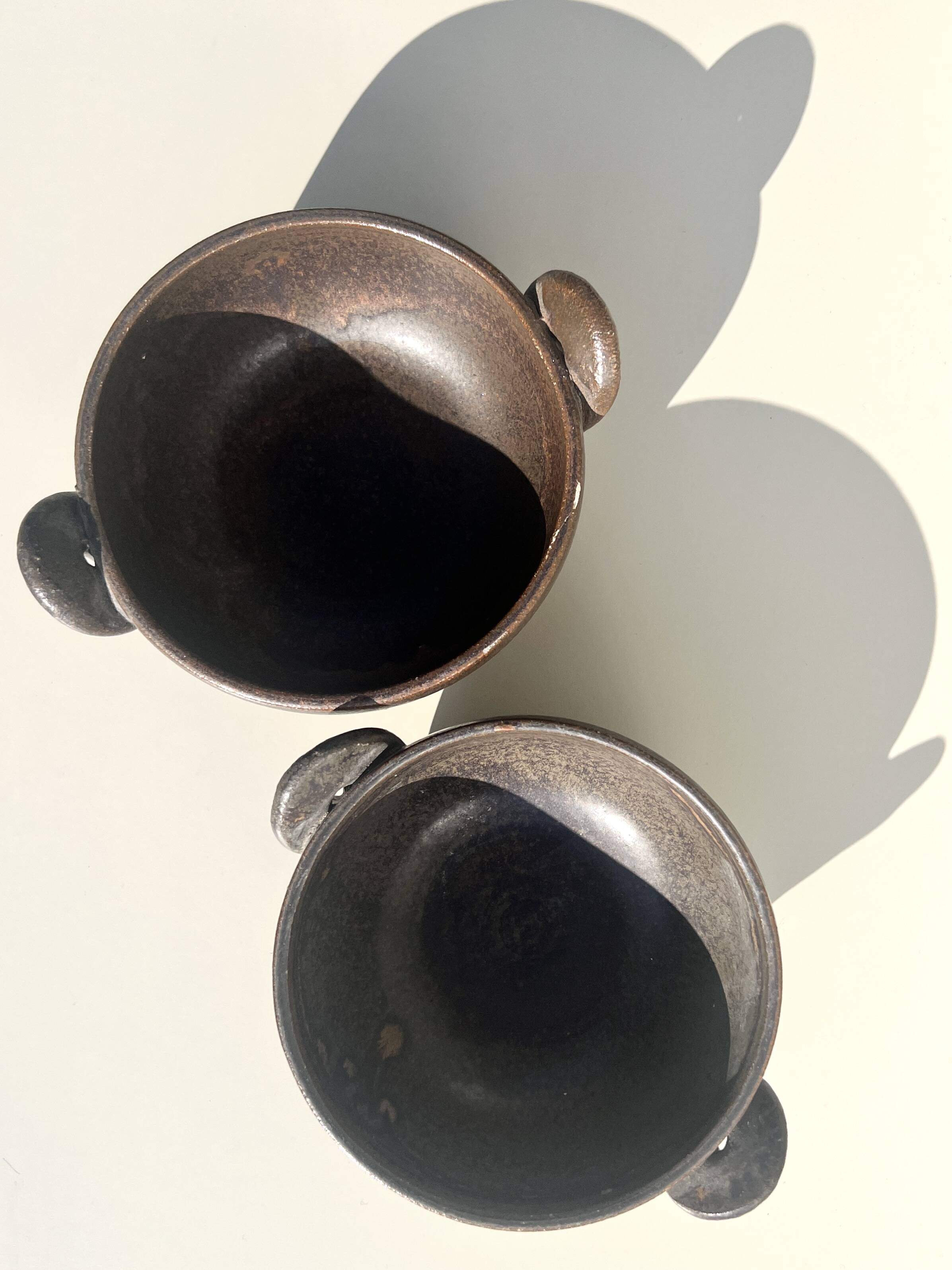 Pair of 2 handmade stoneware bowls, 20th century