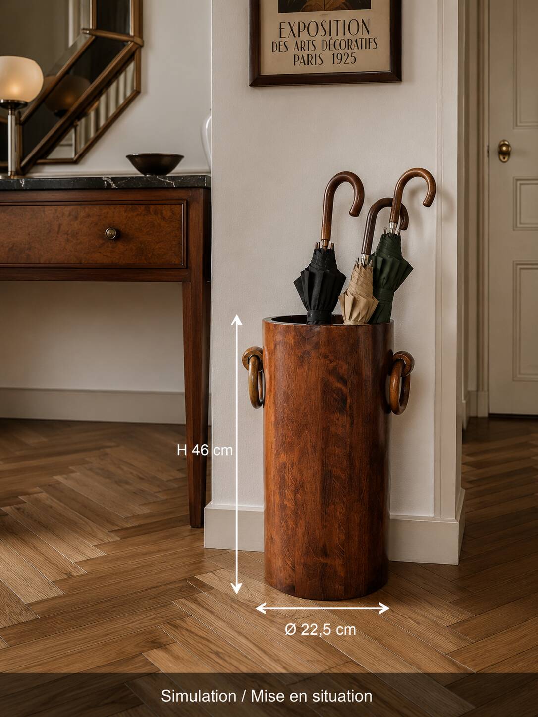 Art Deco umbrella stand in walnut with staves and ring handles, 1930.