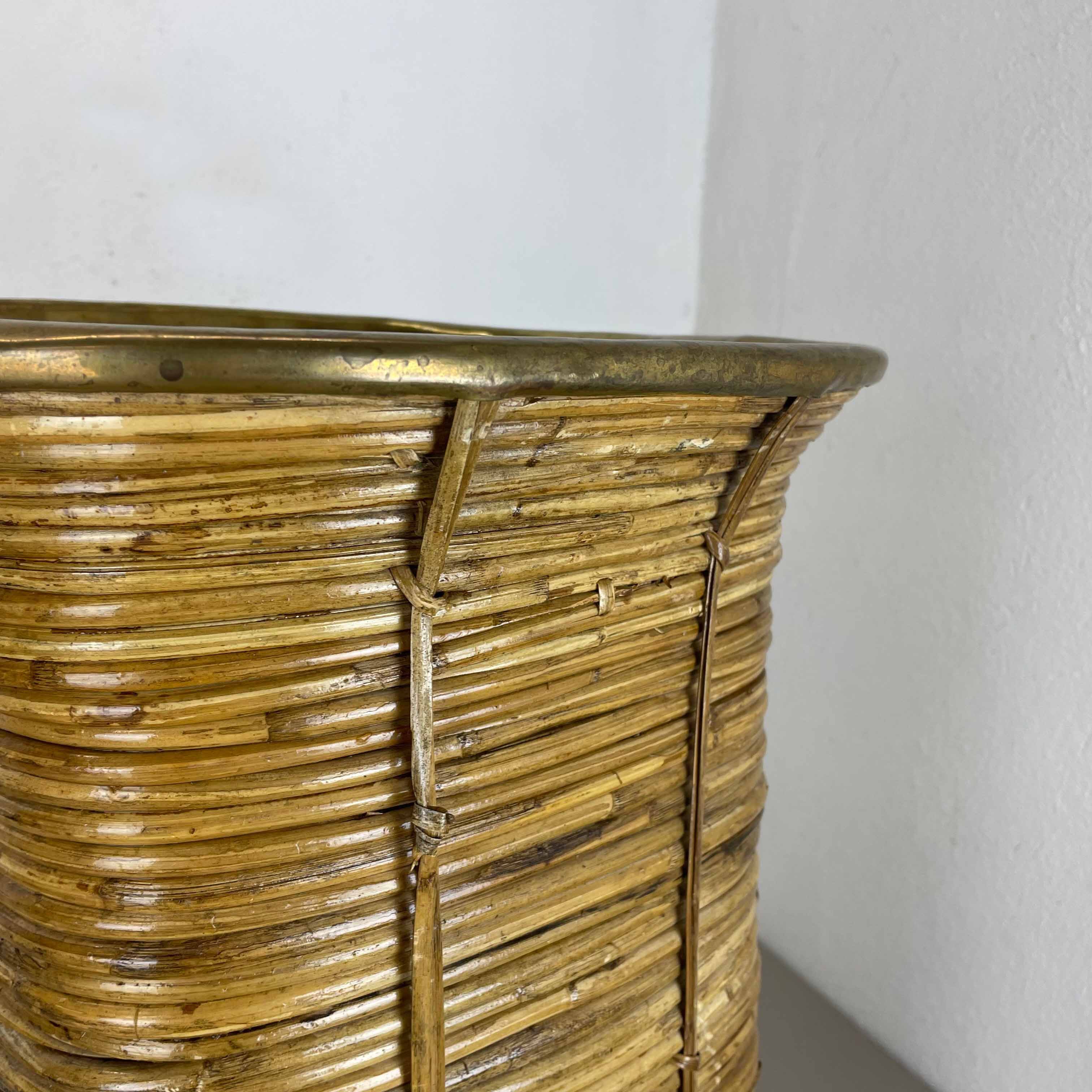 Aubock style rattan and brass bauhaus waste bin France 1960s