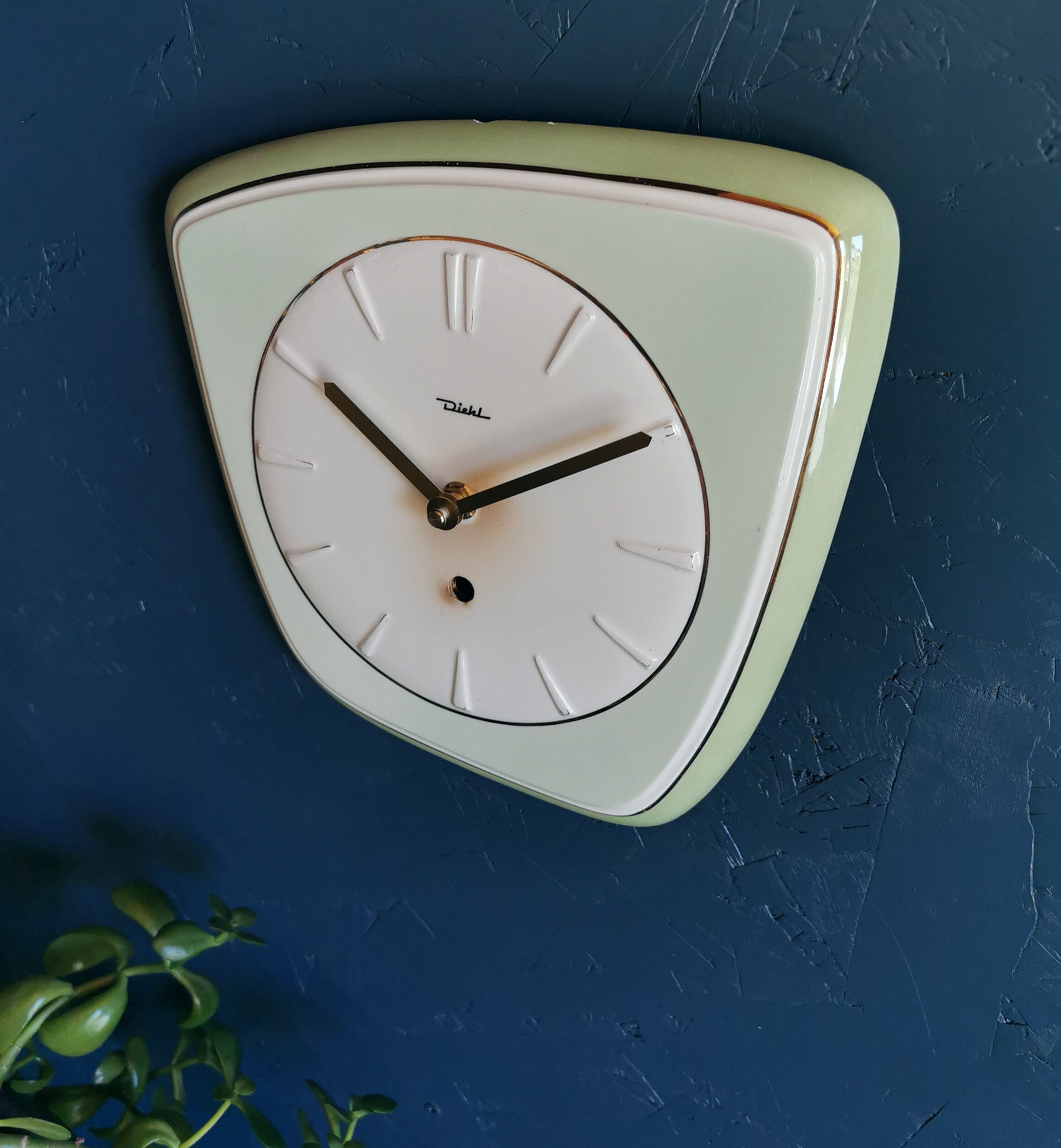 Vintage ceramic clock asymmetrical silent wall clock "Diehl golden green"
