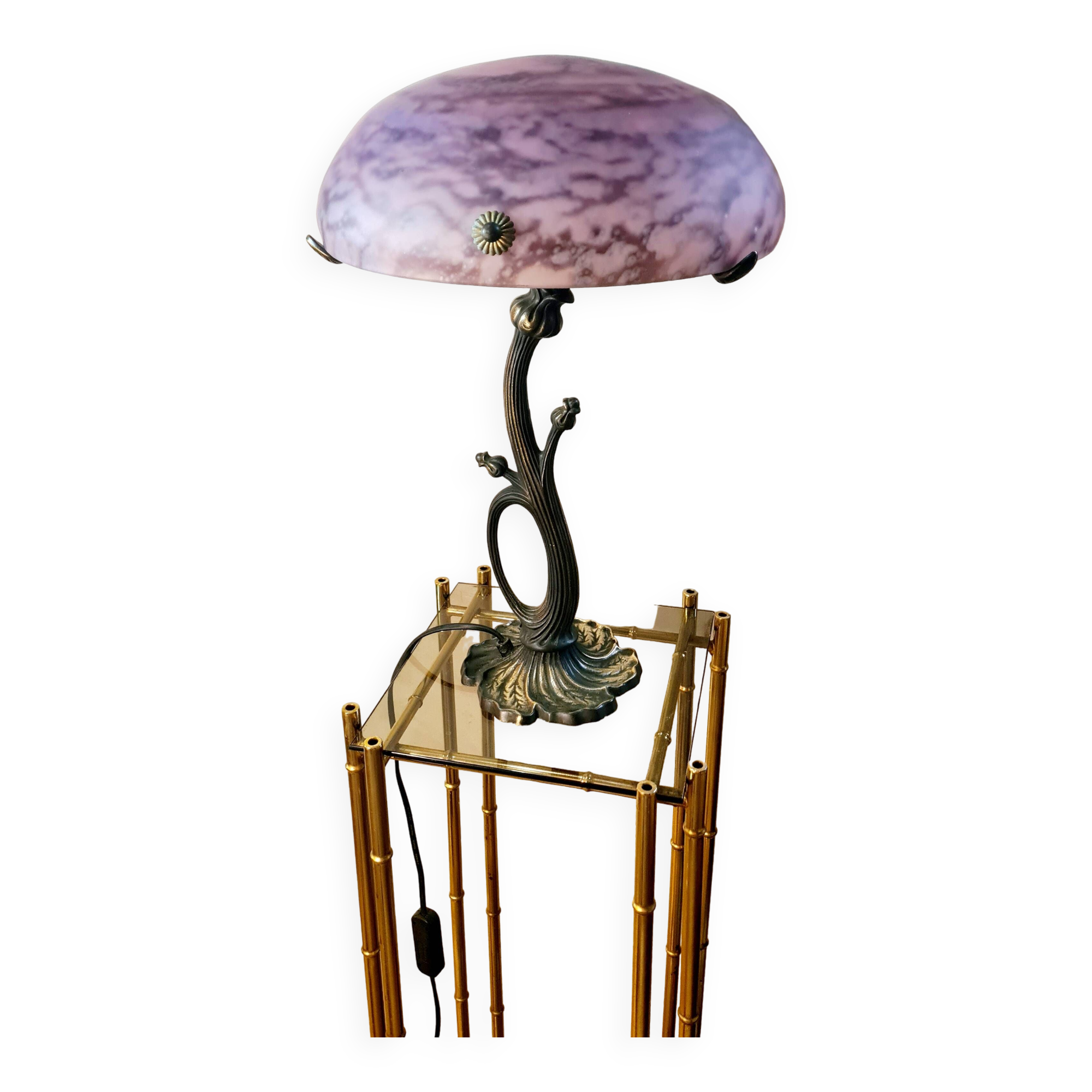 Art nouveau style bronze lamp and its marbled glass paste basin 48x30