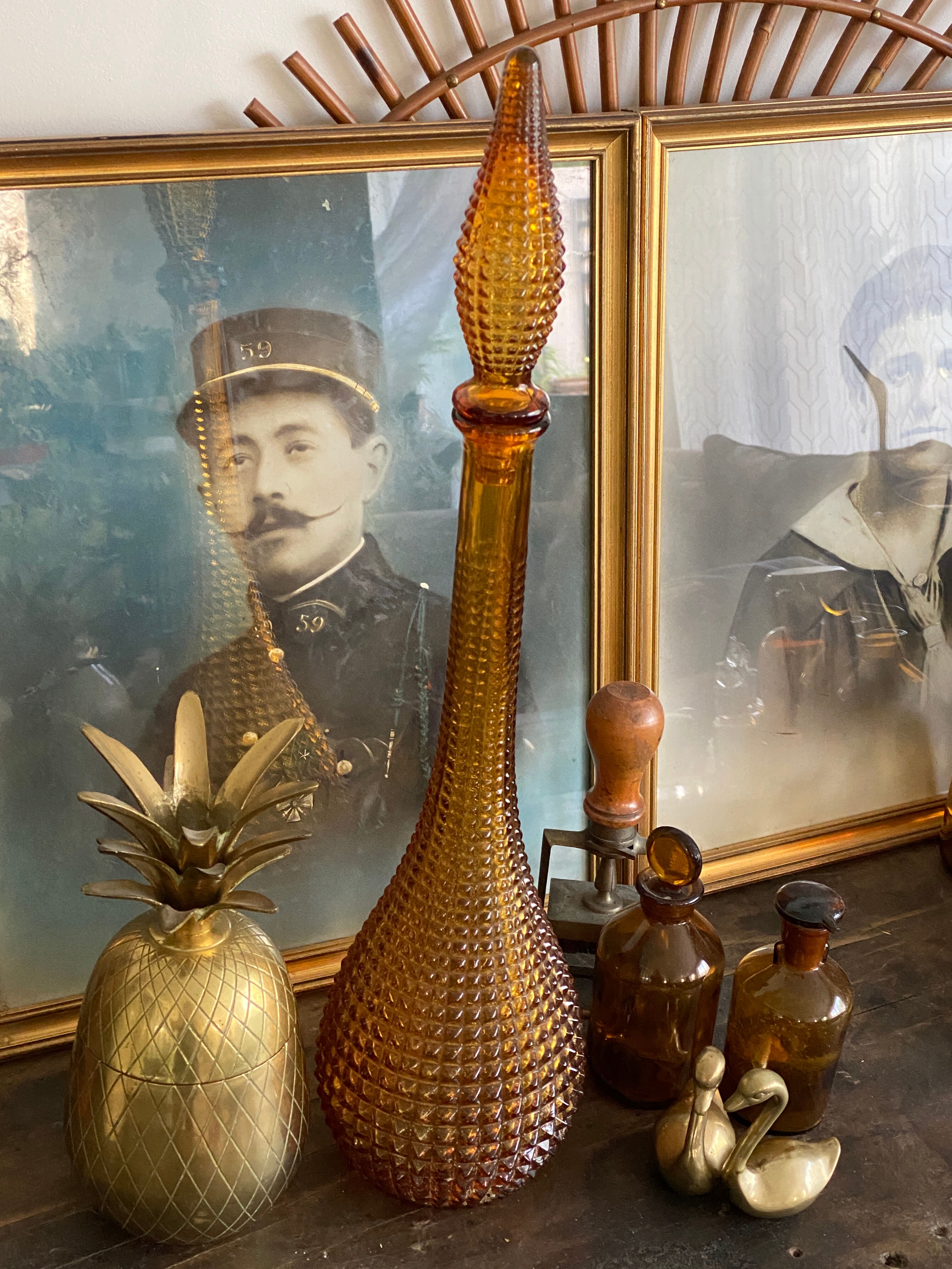 Vintage amber textured glass decanter