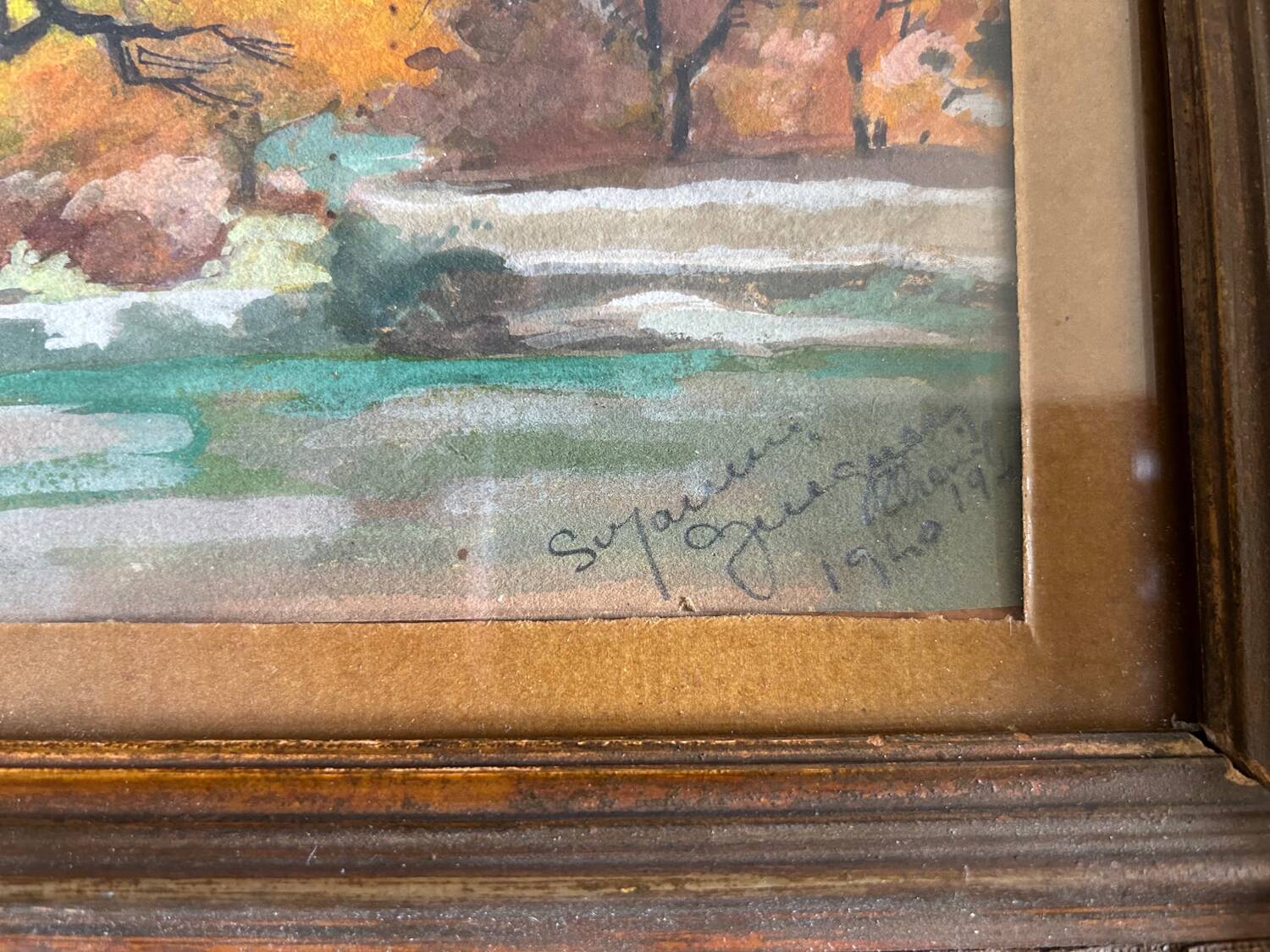 Oeuvre originale, Paysage d'automne, Gouache de Suzanne Gueguen, 1940