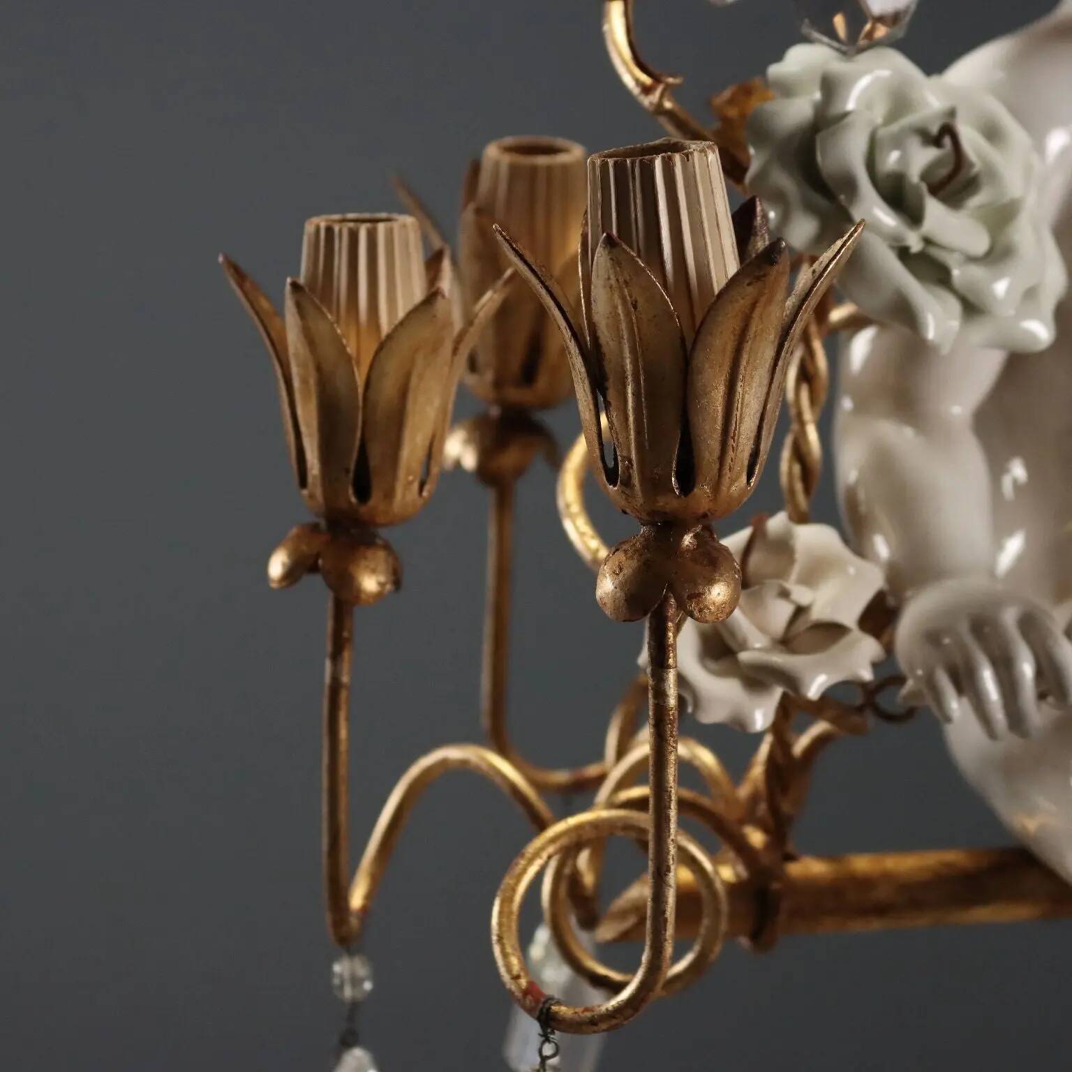 Antique chandelier in iron, gilded sheet metal and ceramic, Italy, 20th century