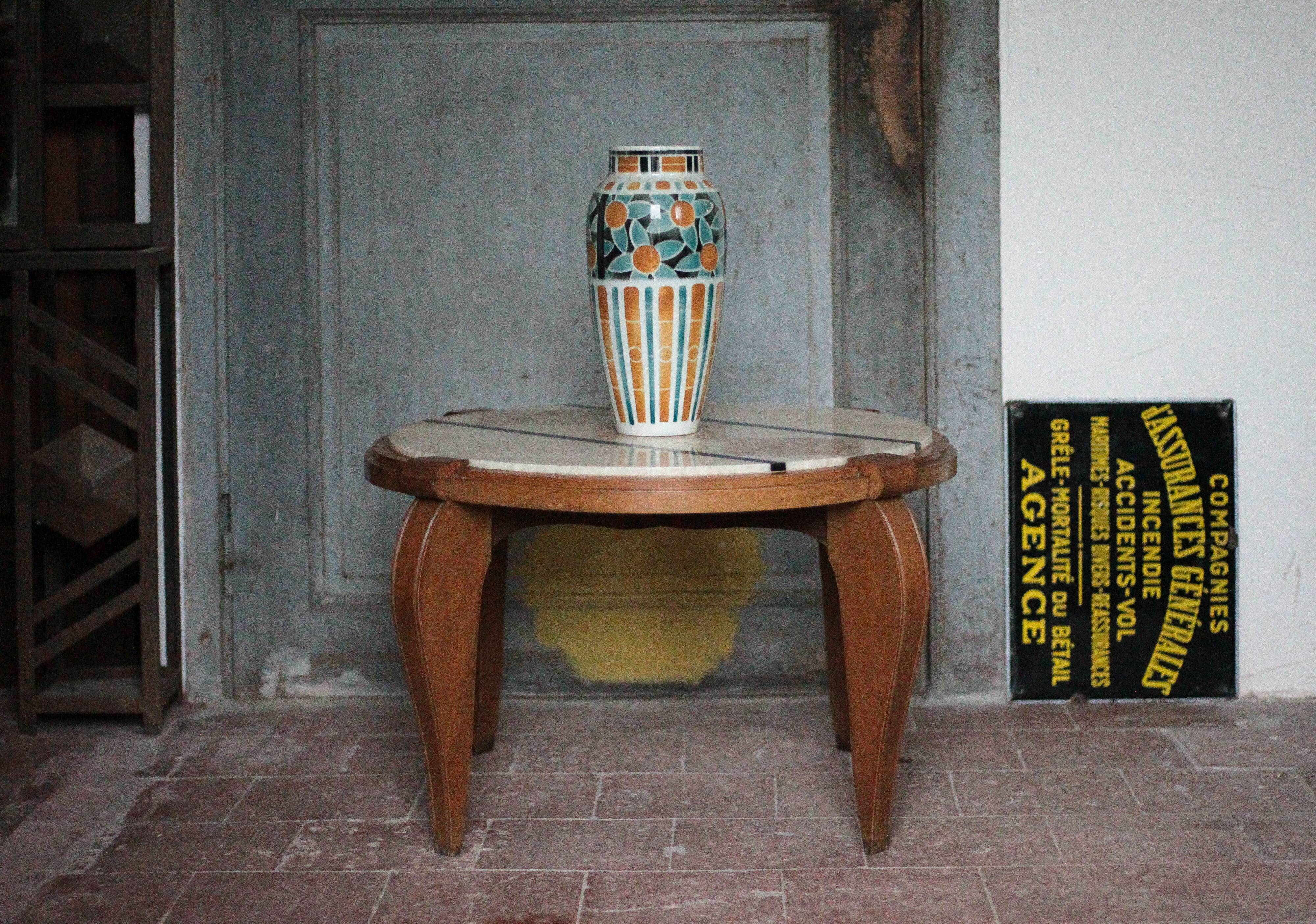 Art Deco wooden coffee table, marble top living room table, side table.