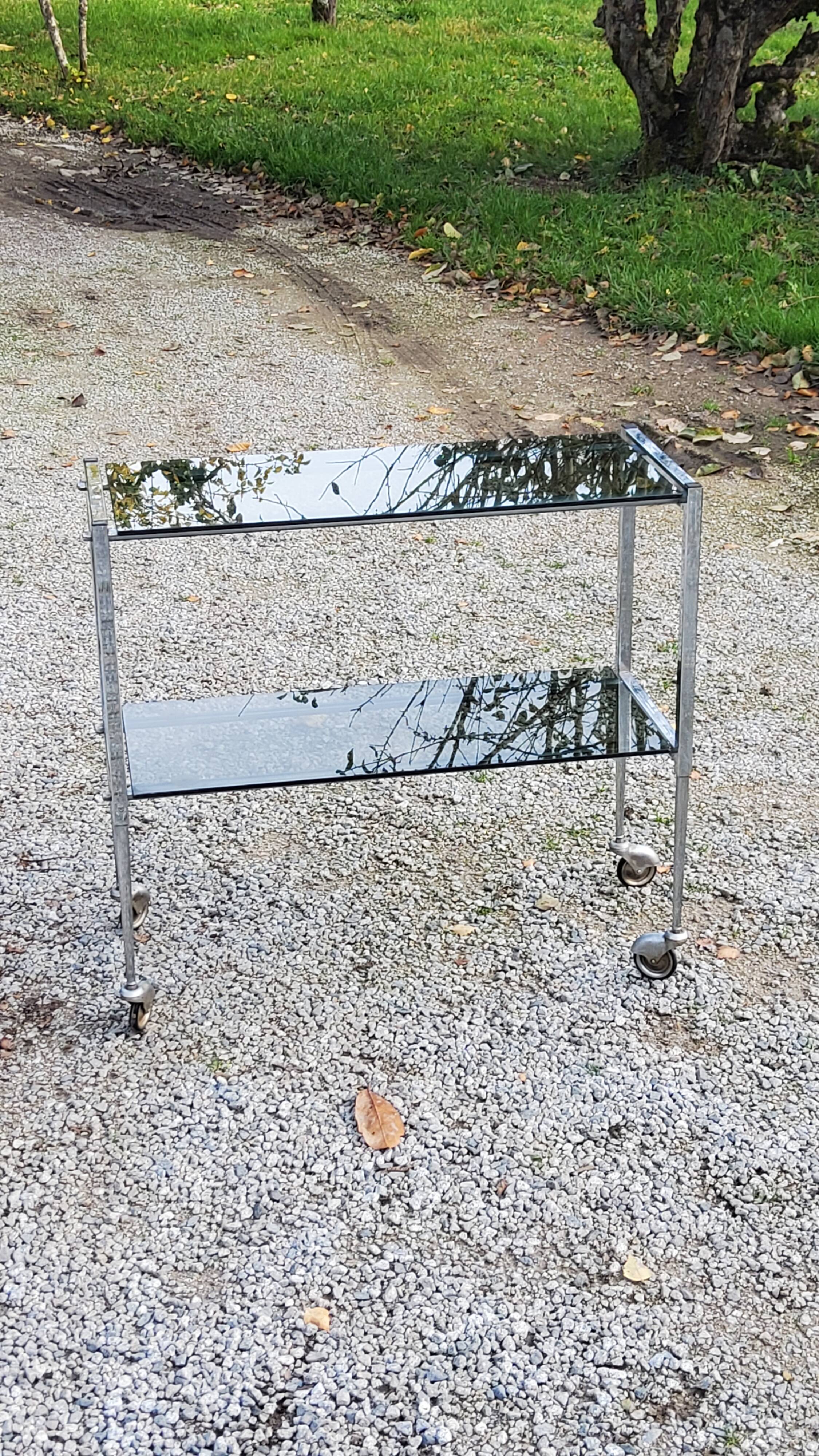 Console service of the 70s double trays smoked glass chrome base
