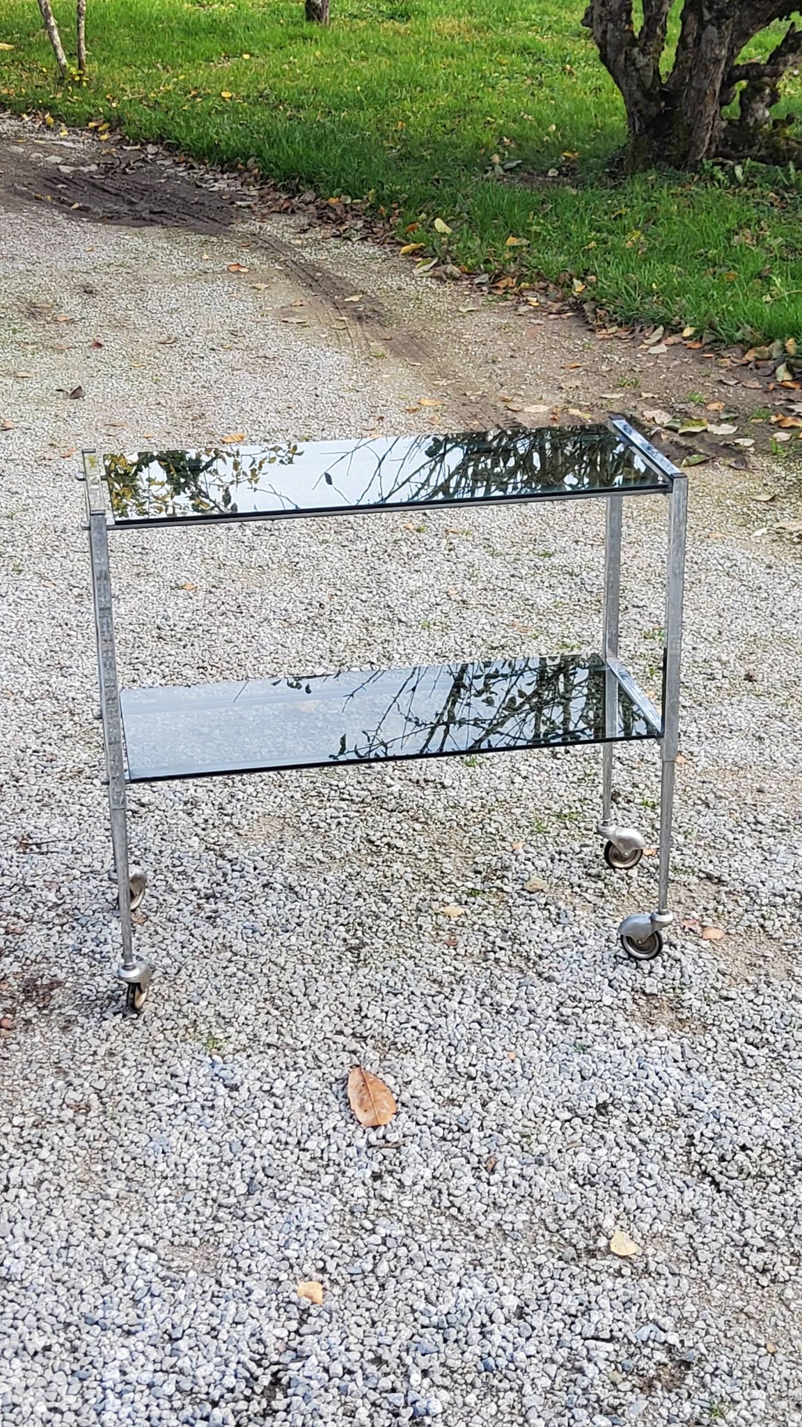 Console service of the 70s double trays smoked glass chrome base