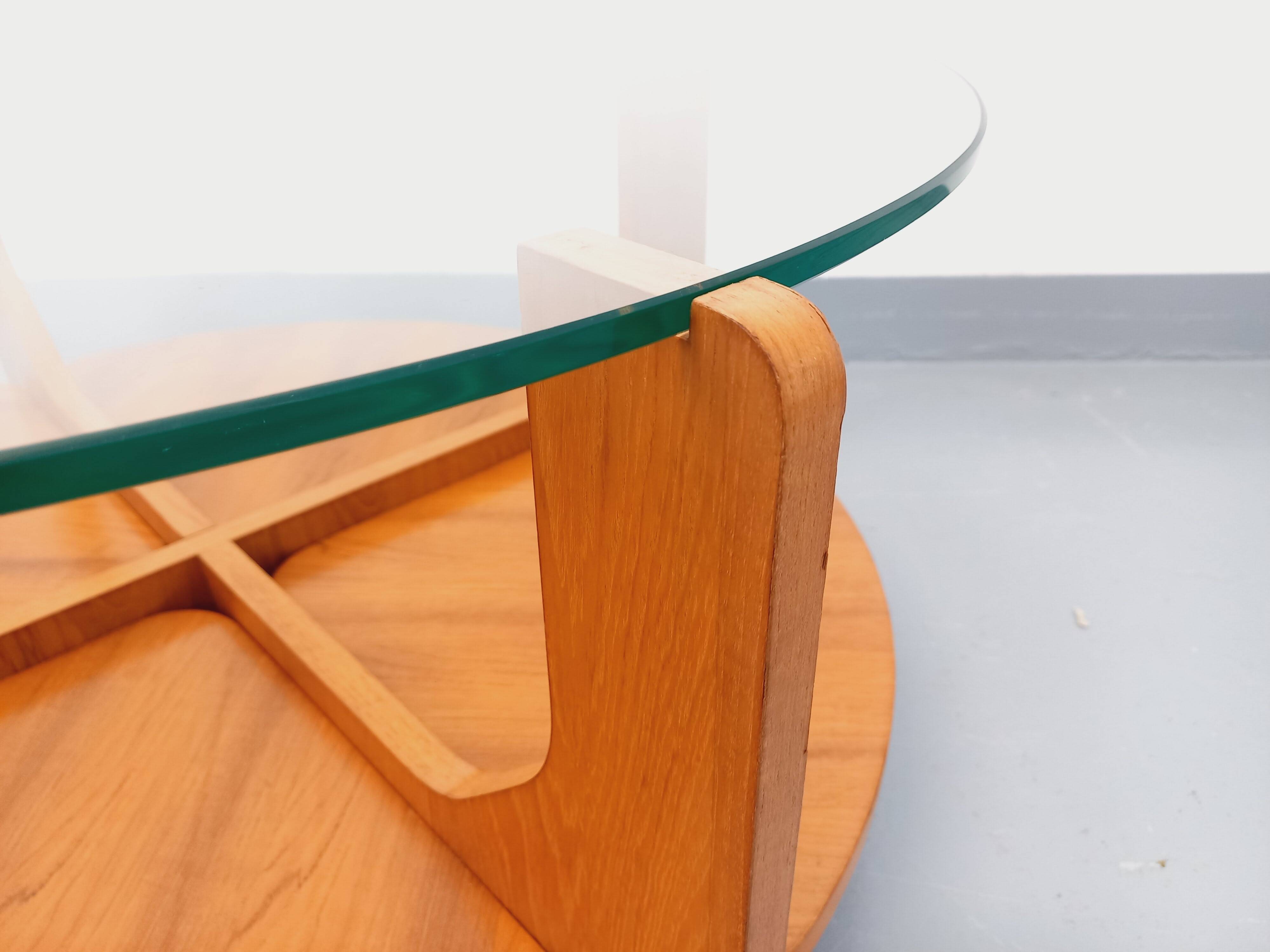 Vintage round coffee table with 2 tops by Hugues Poignant, in teak and glass
