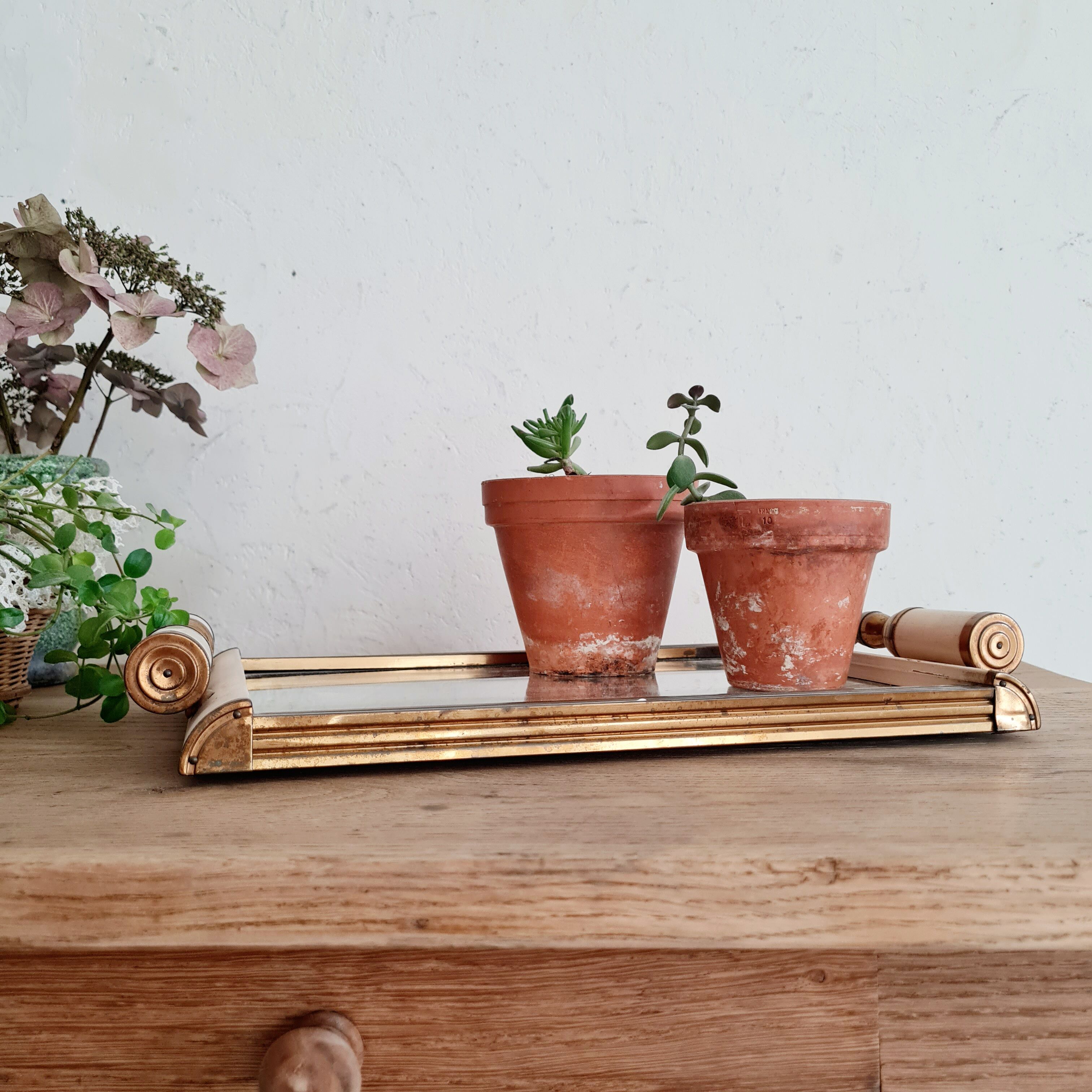 Art deco tray white wood and mirror