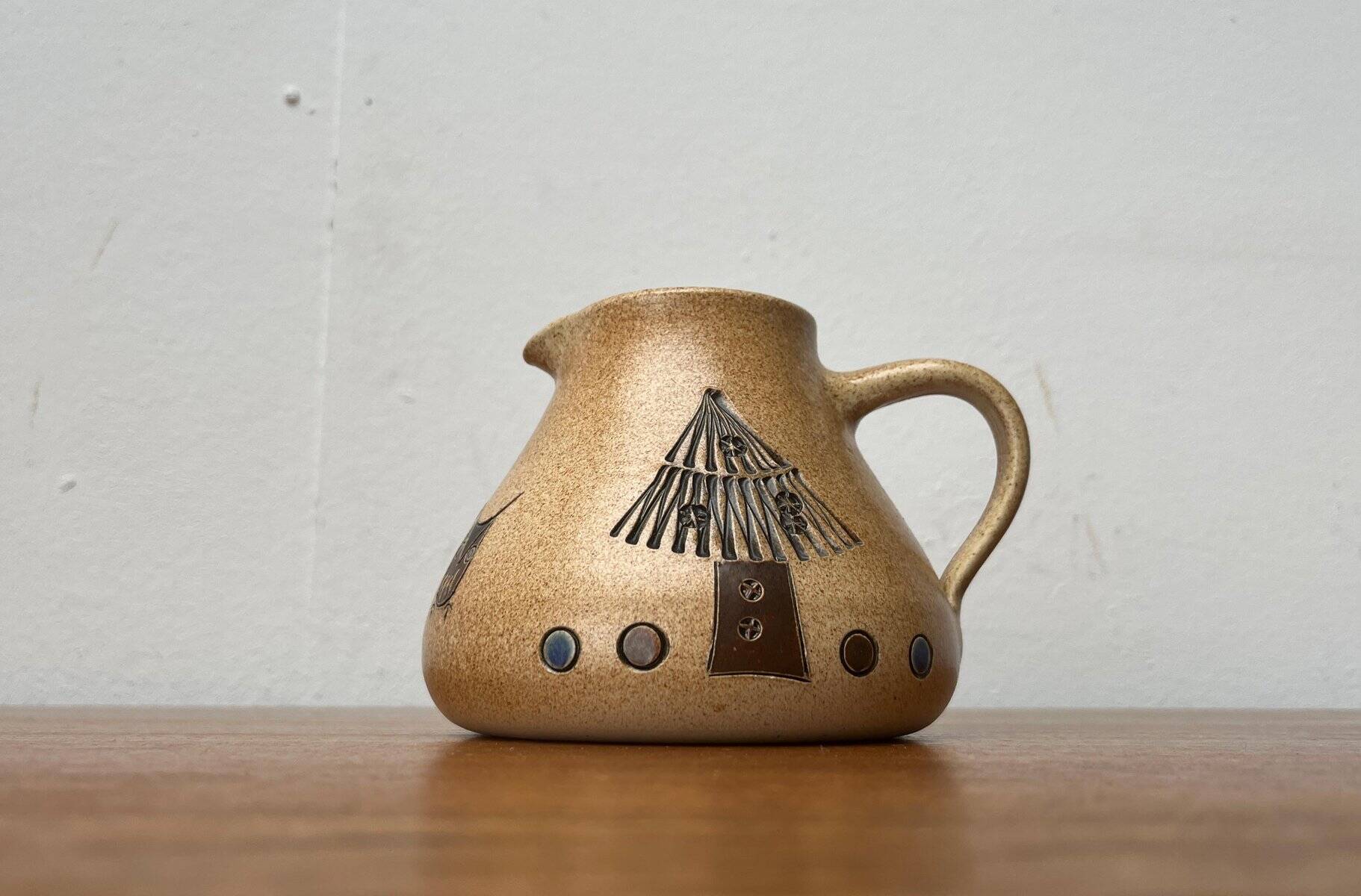 Mid-century German ceramic studio pitcher with owl motif by Heinz Theo Dietz, 1960s.