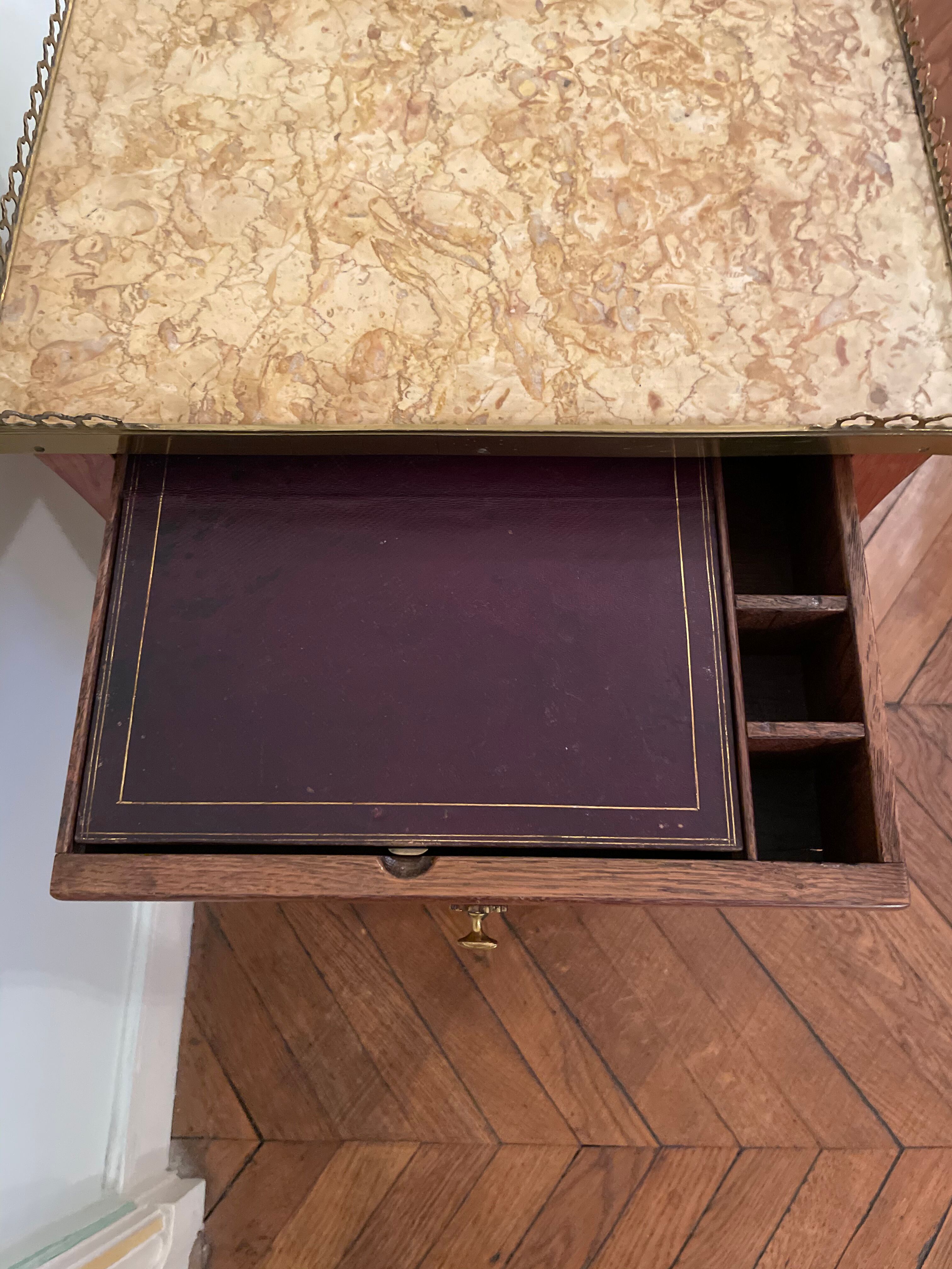 Bedside table of the 18th Louis XV period in marquetry and marble