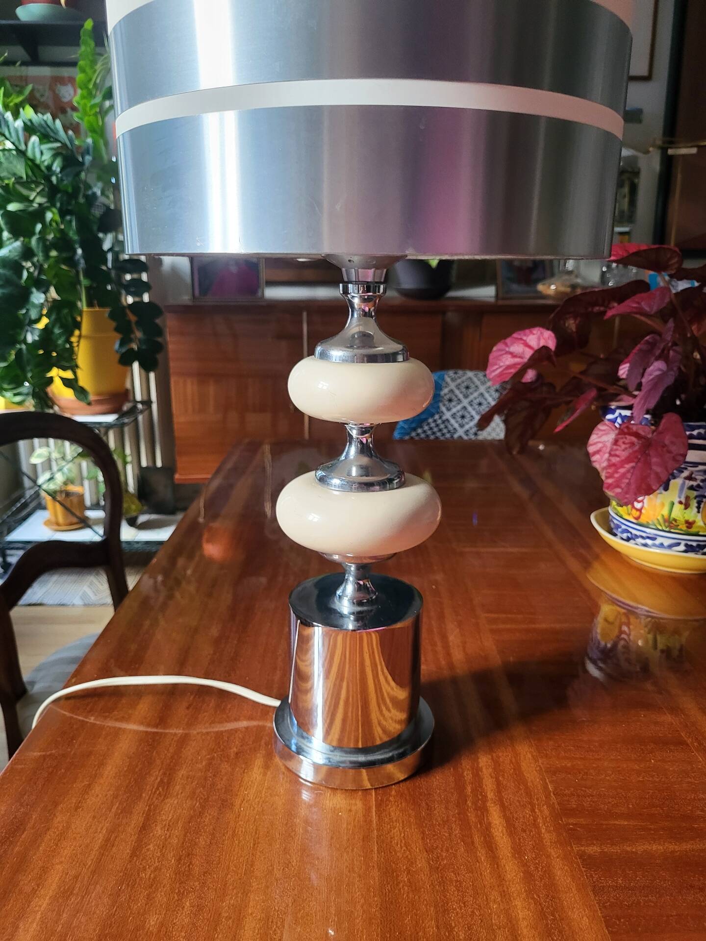 Large Vintage 1970 Space Age Chrome & Wood Lamp
