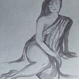 Signed watercolor painting on Denim paper portrait of a woman “waiting for the bath”