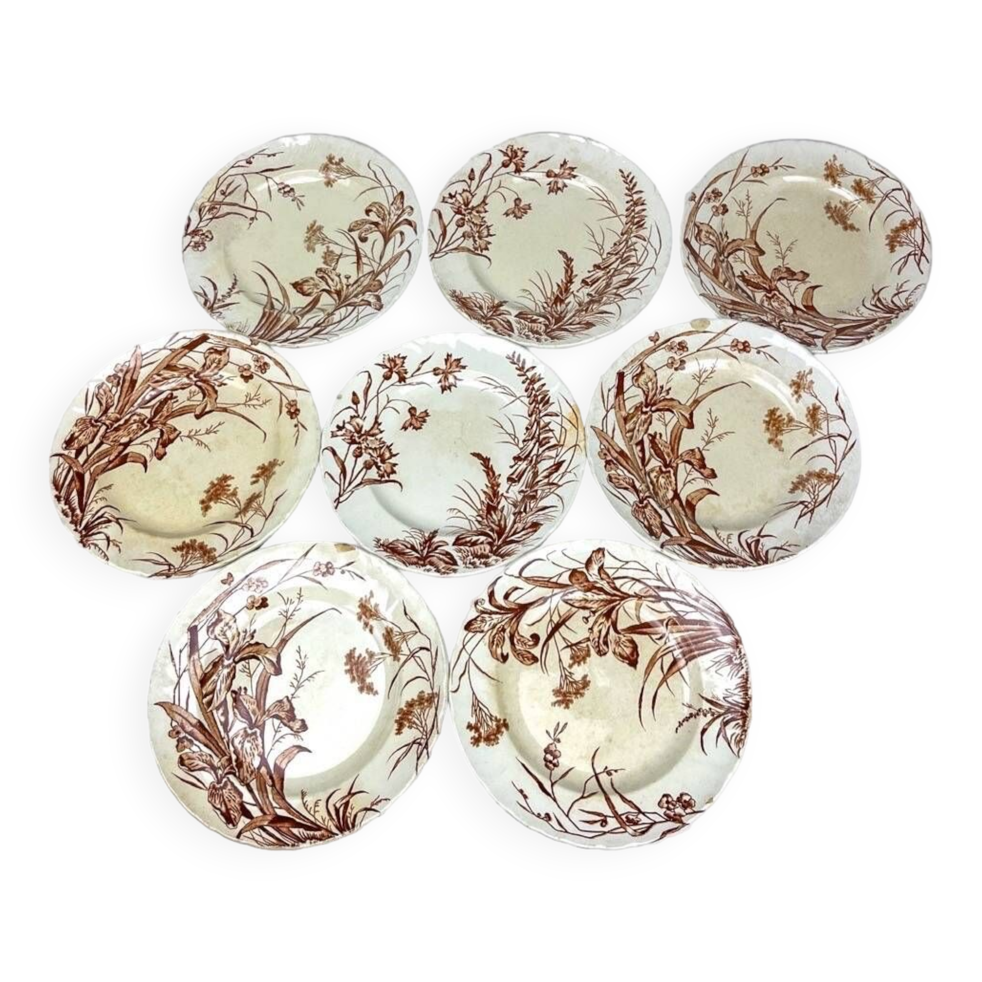8 assiettes à dessert Terre de fer sépia modèle Flore Jules Vieillard Bordeaux XIX